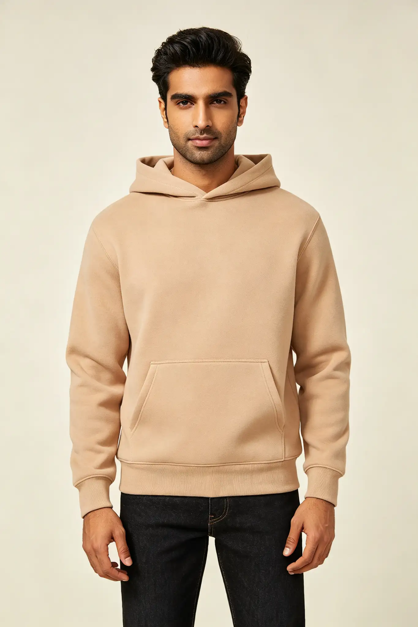 Beige Plain Hoodie - Cotton - image 2