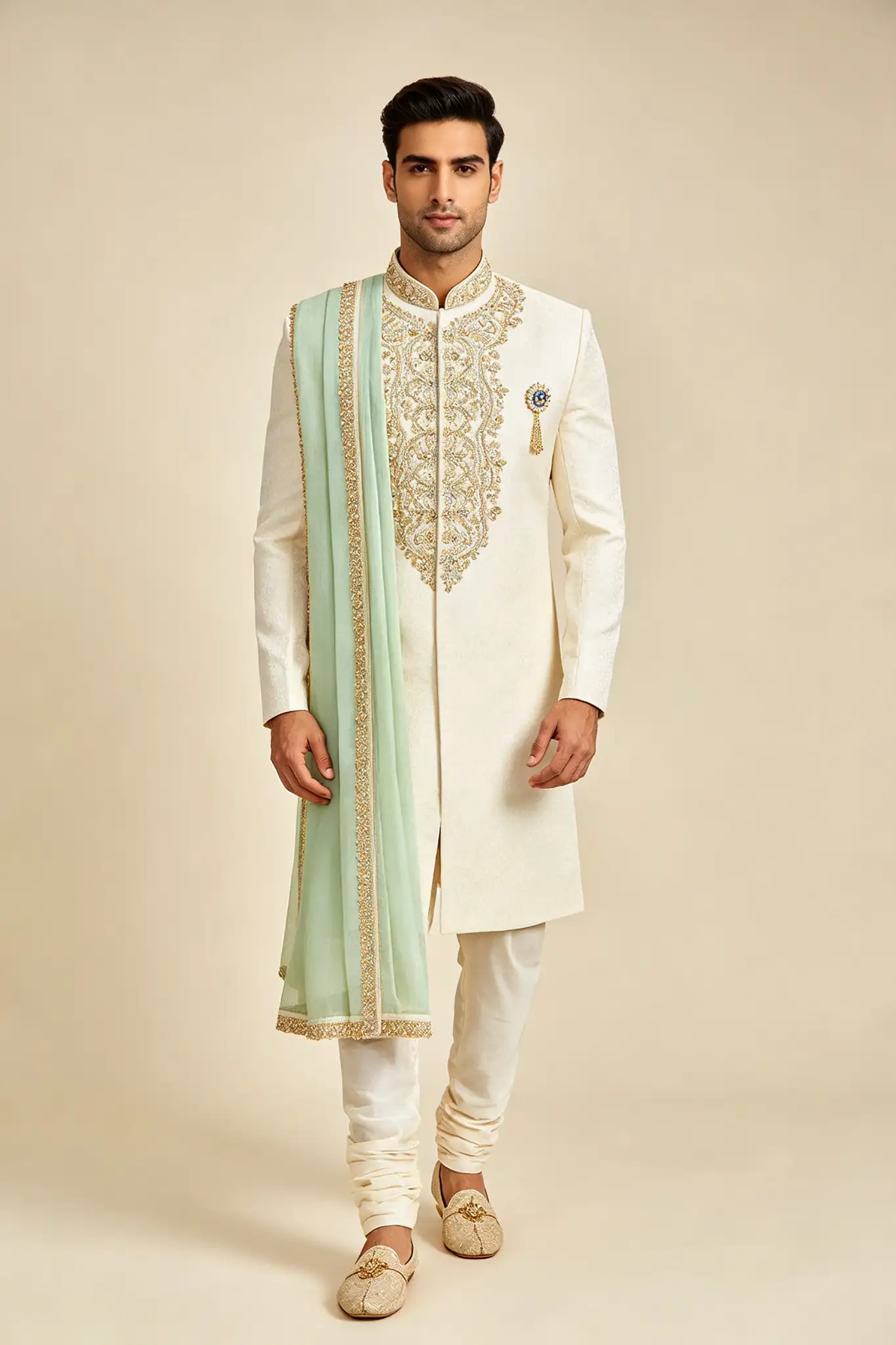 Off-White Embroidered Wedding Sherwani Set - image 2