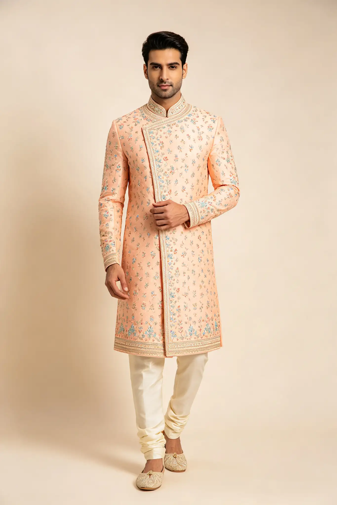 Light Peach Embroidered Sherwani Set - image 2