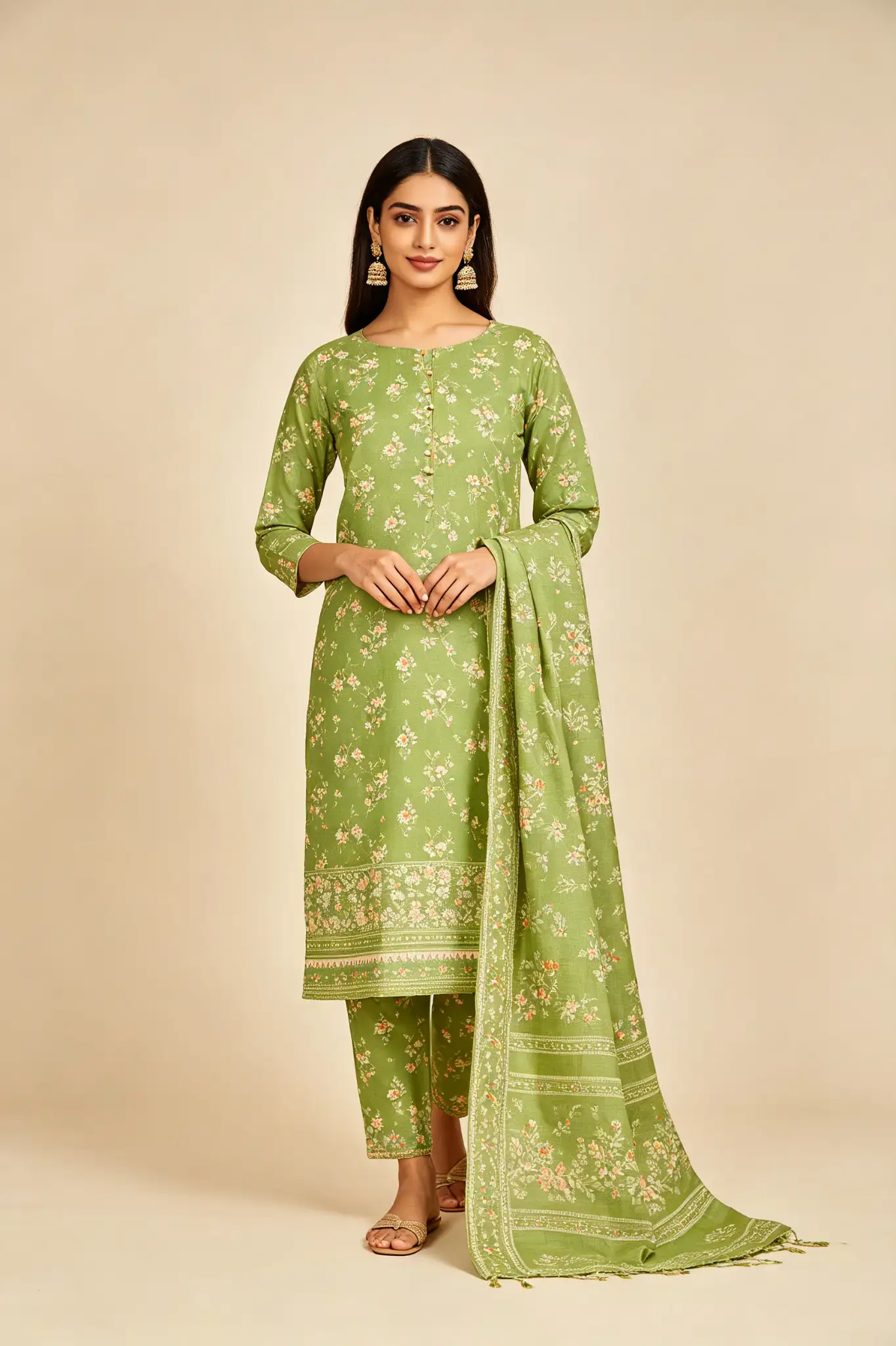Cotton Straight Cut Suit - Green Print - image 2