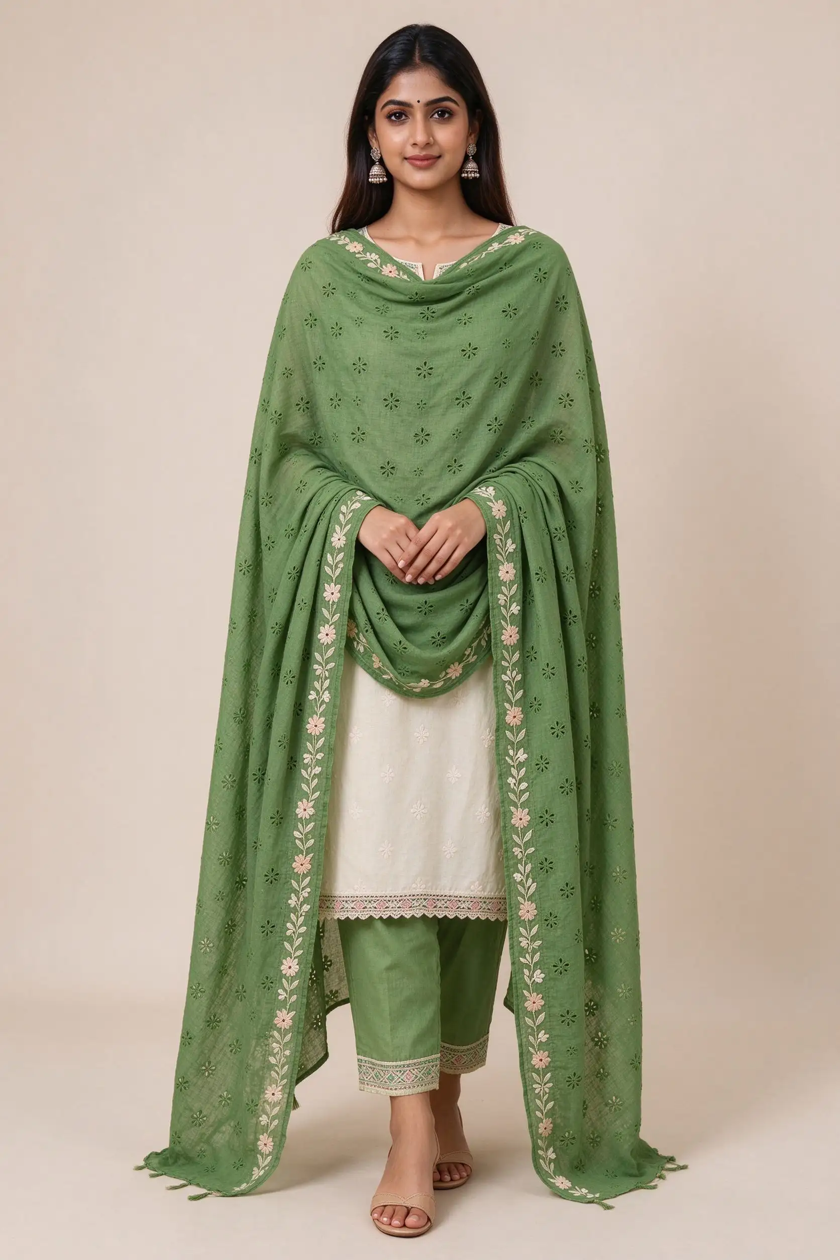 Cotton Embroidered Dupatta - Green - image 2