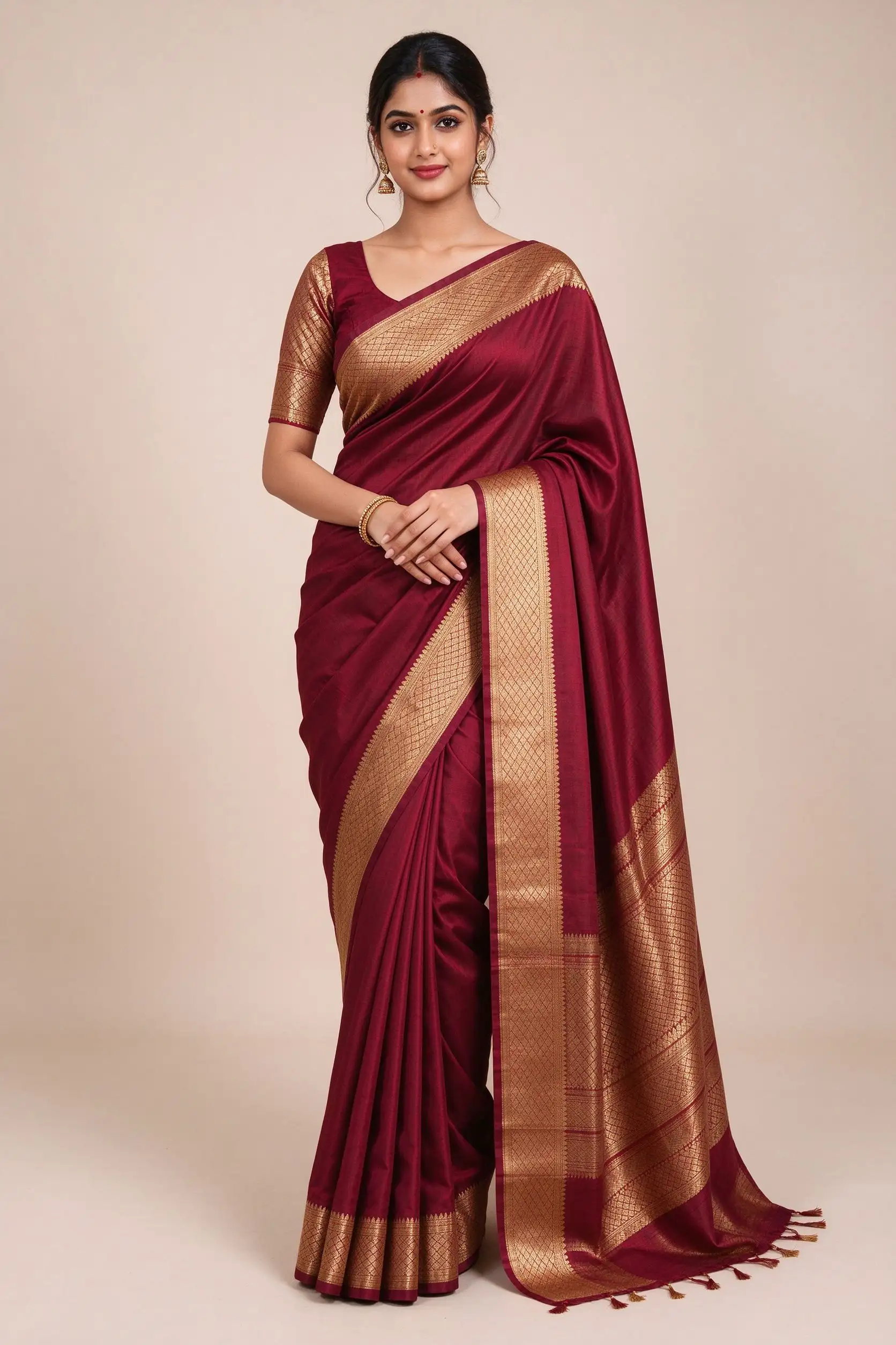 Wine Silk Saree with Zari Border - image 2