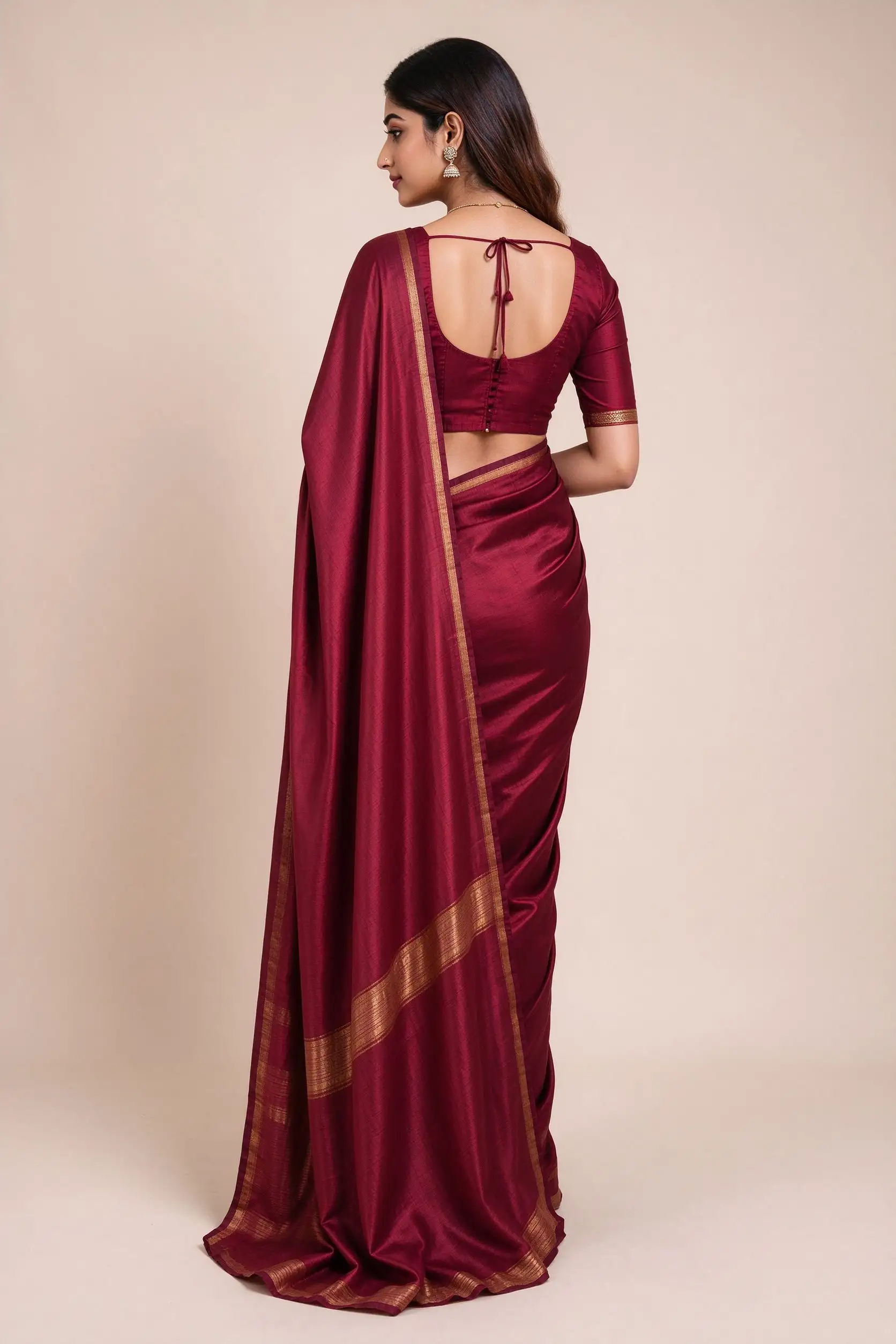 Wine Silk Saree with Zari Border - image 4