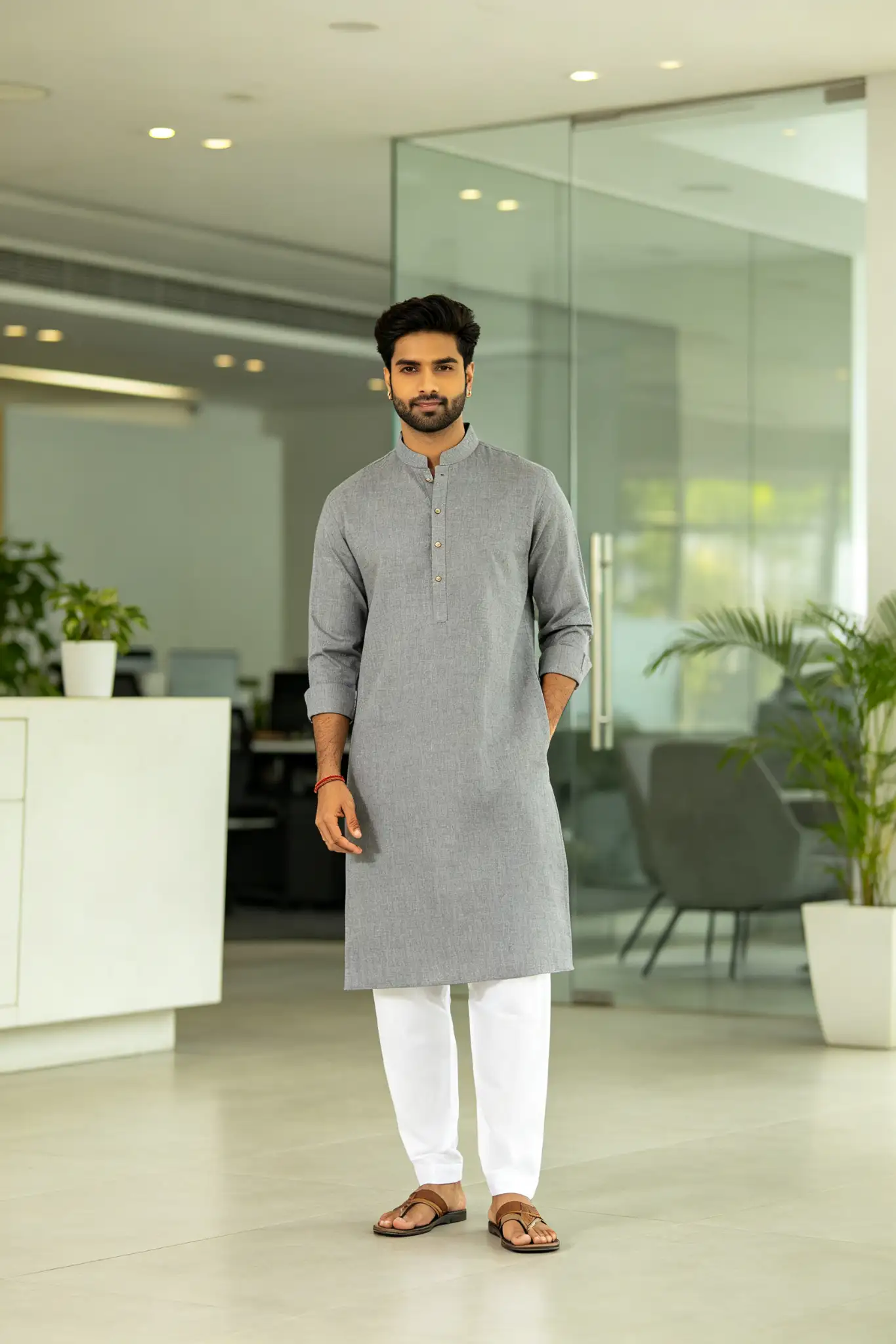 Grey Melange Cotton Linen Kurta - Casual - image 4