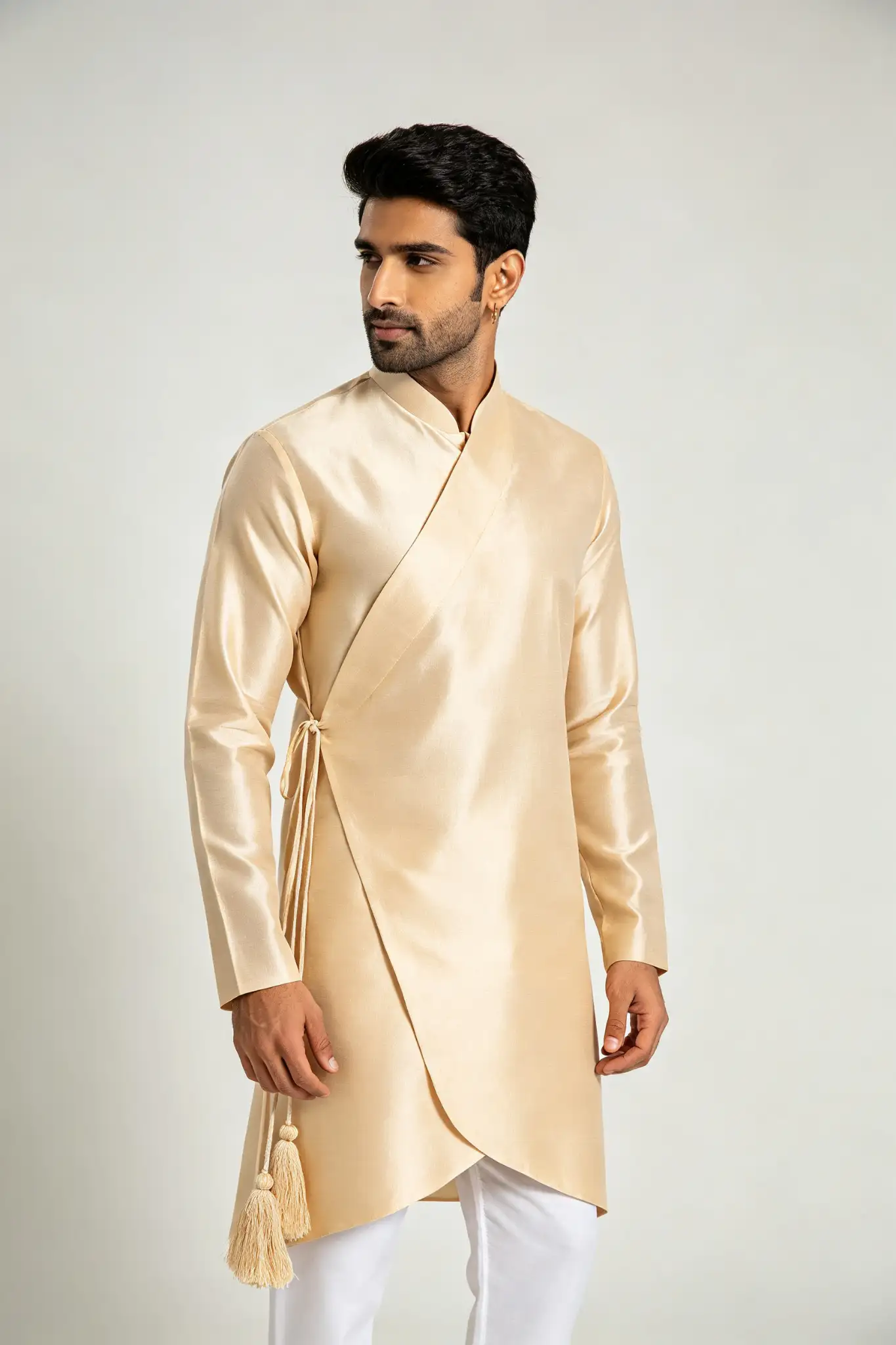Beige Angrakha Style Silk Kurta - Festive - image 3