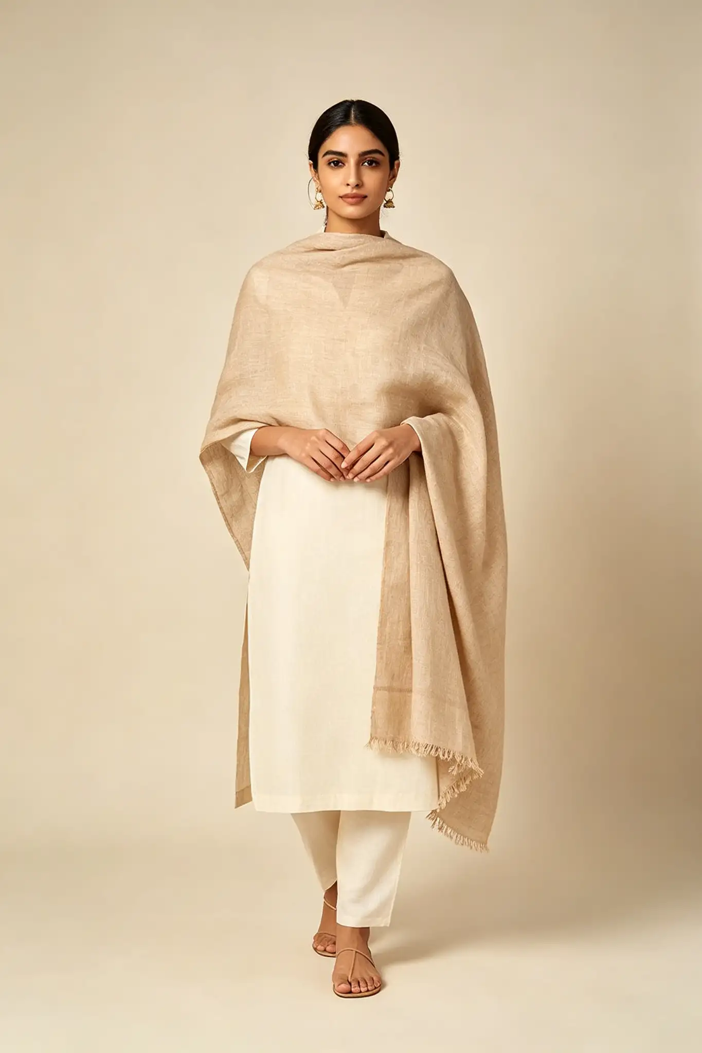 Linen Dupatta - Beige - image 2