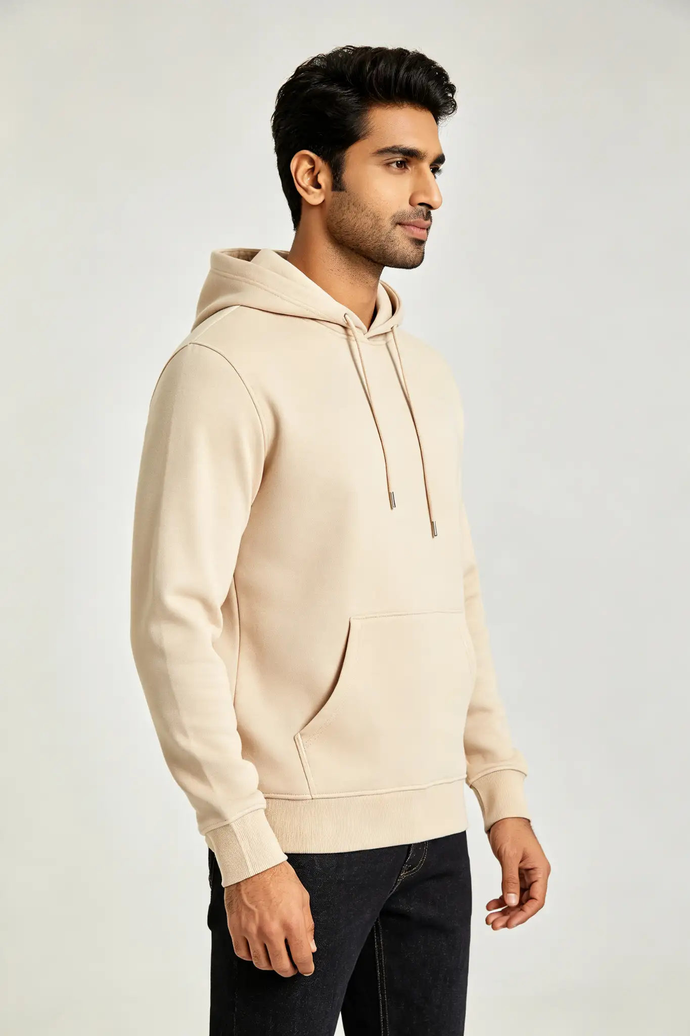 Beige Plain Hoodie - Cotton - image 3