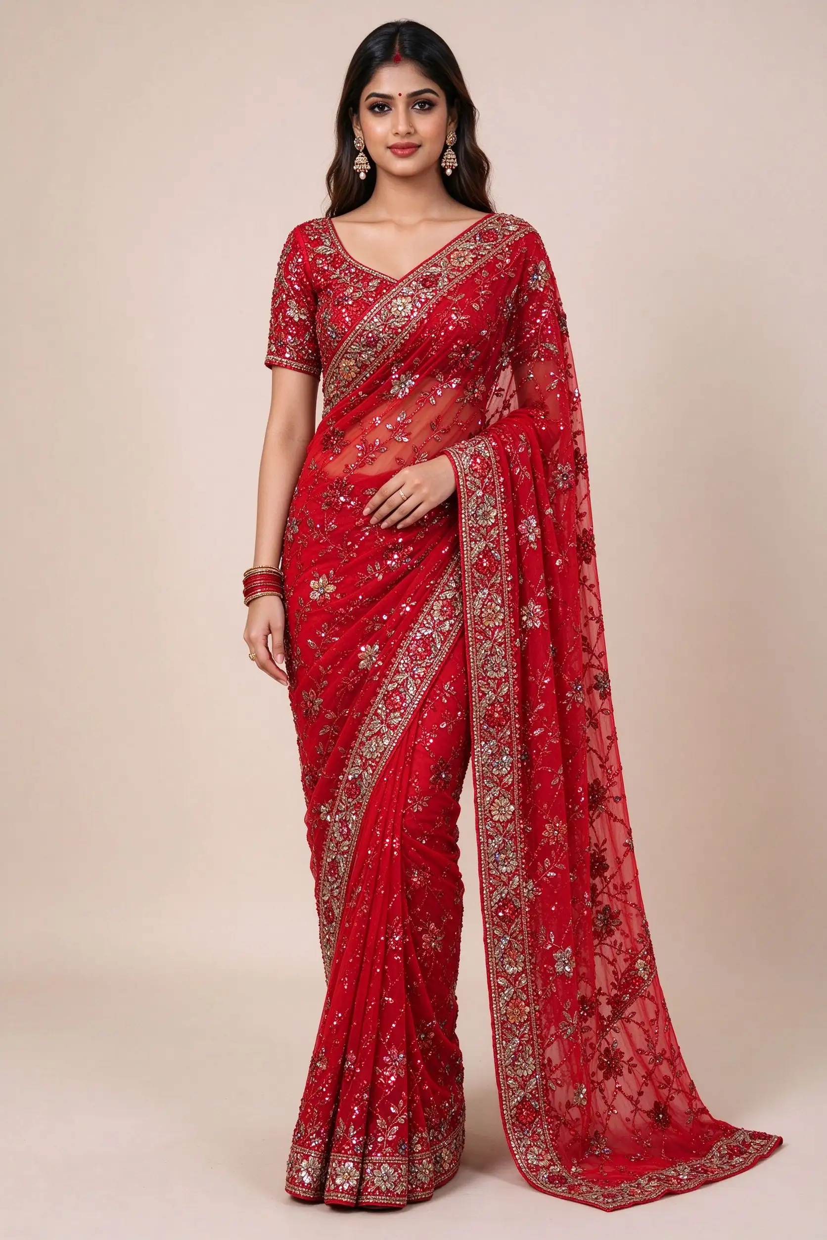 Red Embroidered Georgette Saree - Partywear - image 2