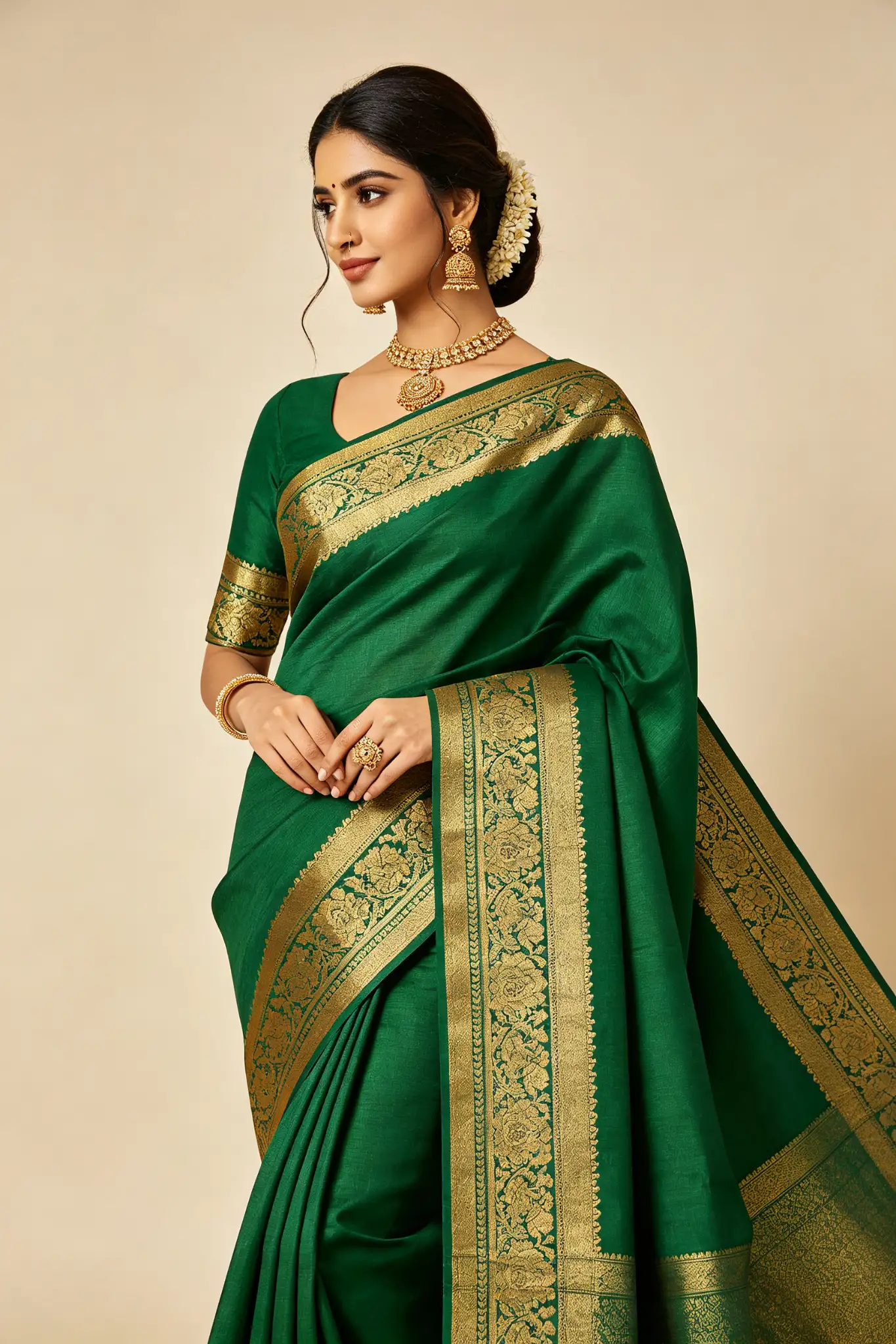 Kanjivaram Pure Silk Saree - Temple Green - image 3