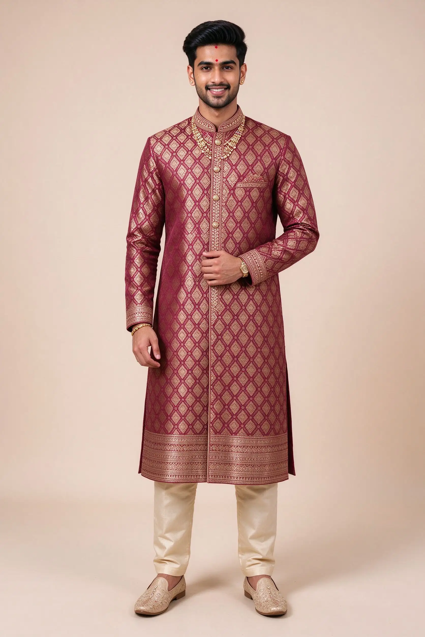 Maroon Brocade Silk Sherwani - Festive - image 2