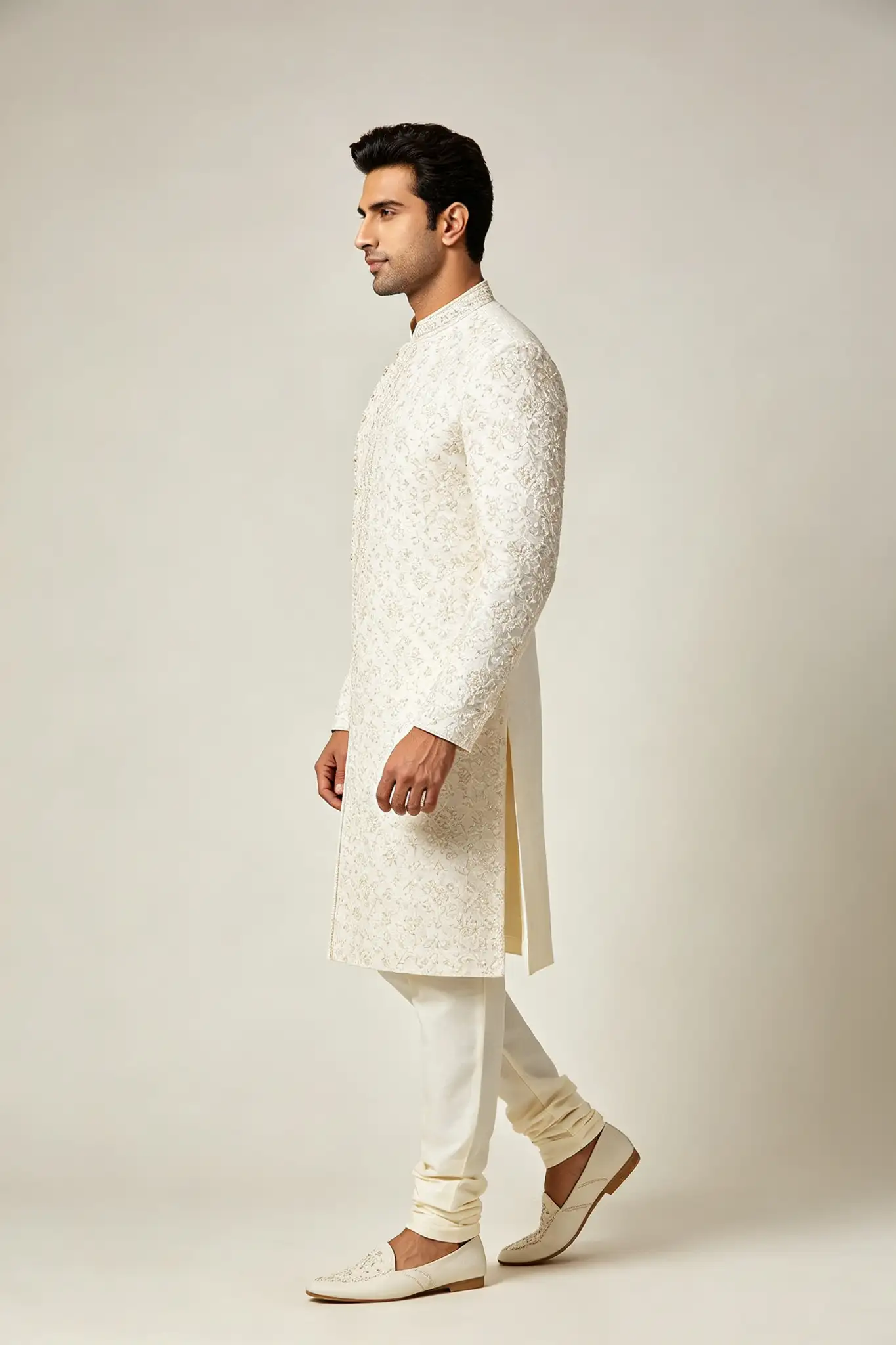 Ivory White Chikankari Sherwani - Reception - image 4