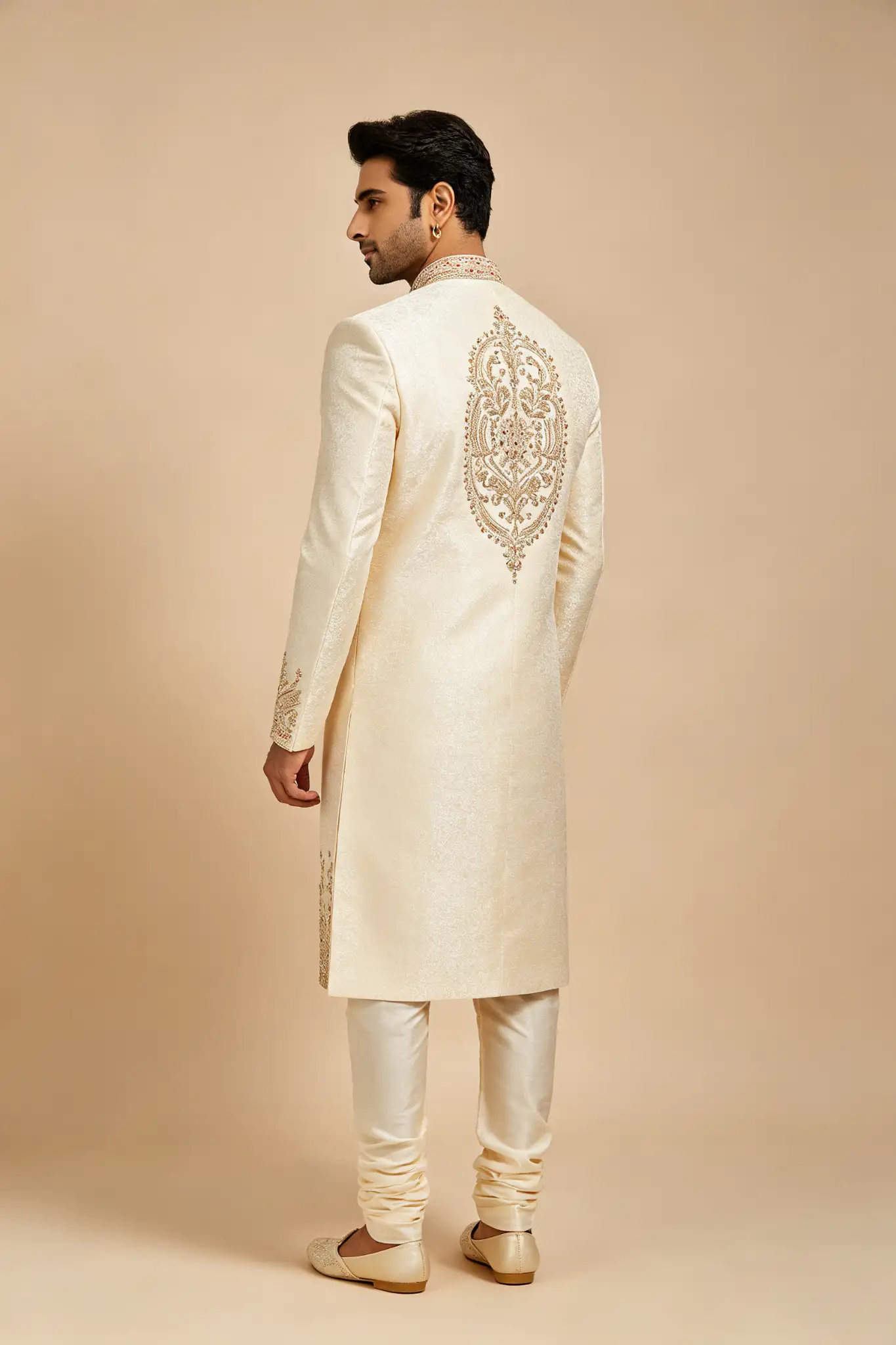 Cream Embroidered Silk Sherwani Set - Wedding - image 4