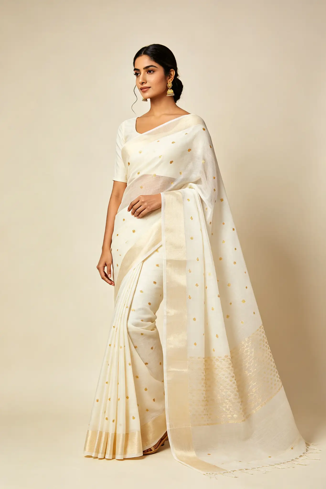 Chanderi Cotton Silk Saree - Ivory - image 3