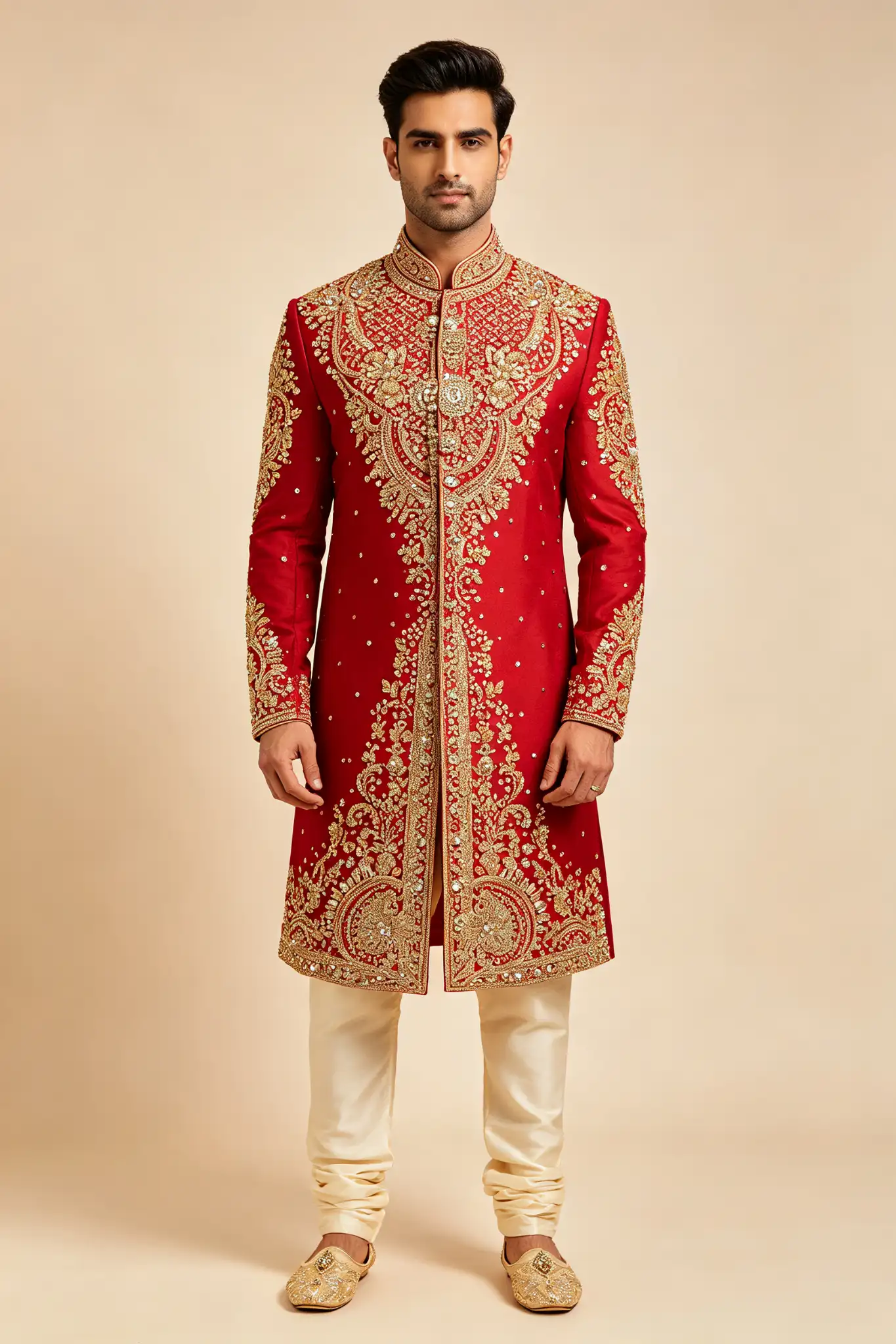 Red Heavy Embroidered Groom Sherwani - image 2
