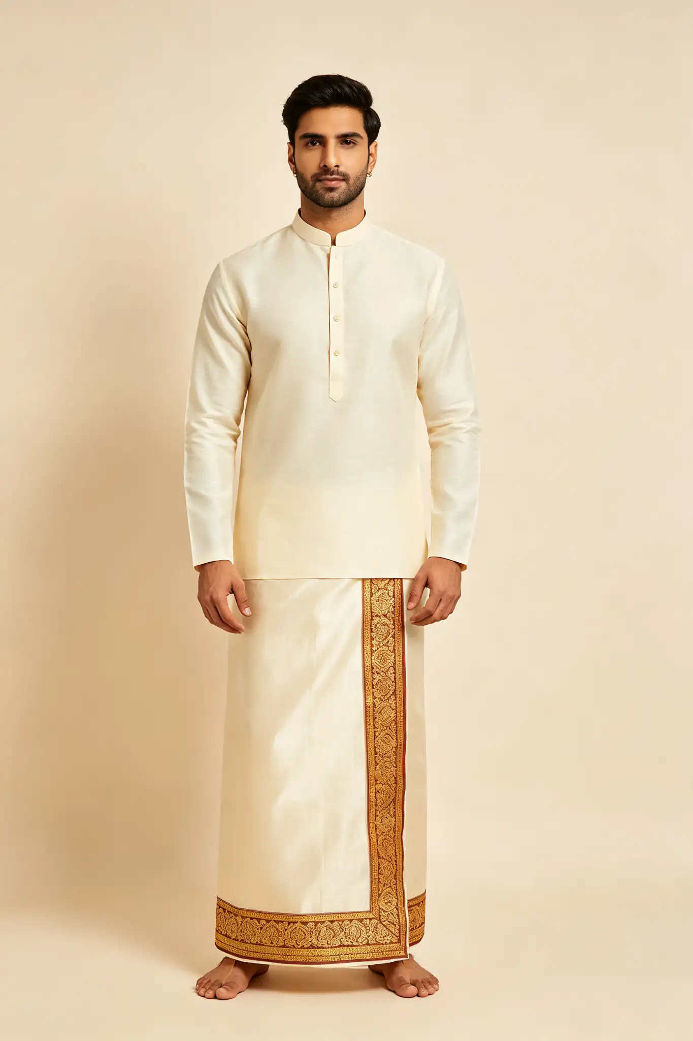 Temple Border Silk Cotton Lungi - Cream - image 2