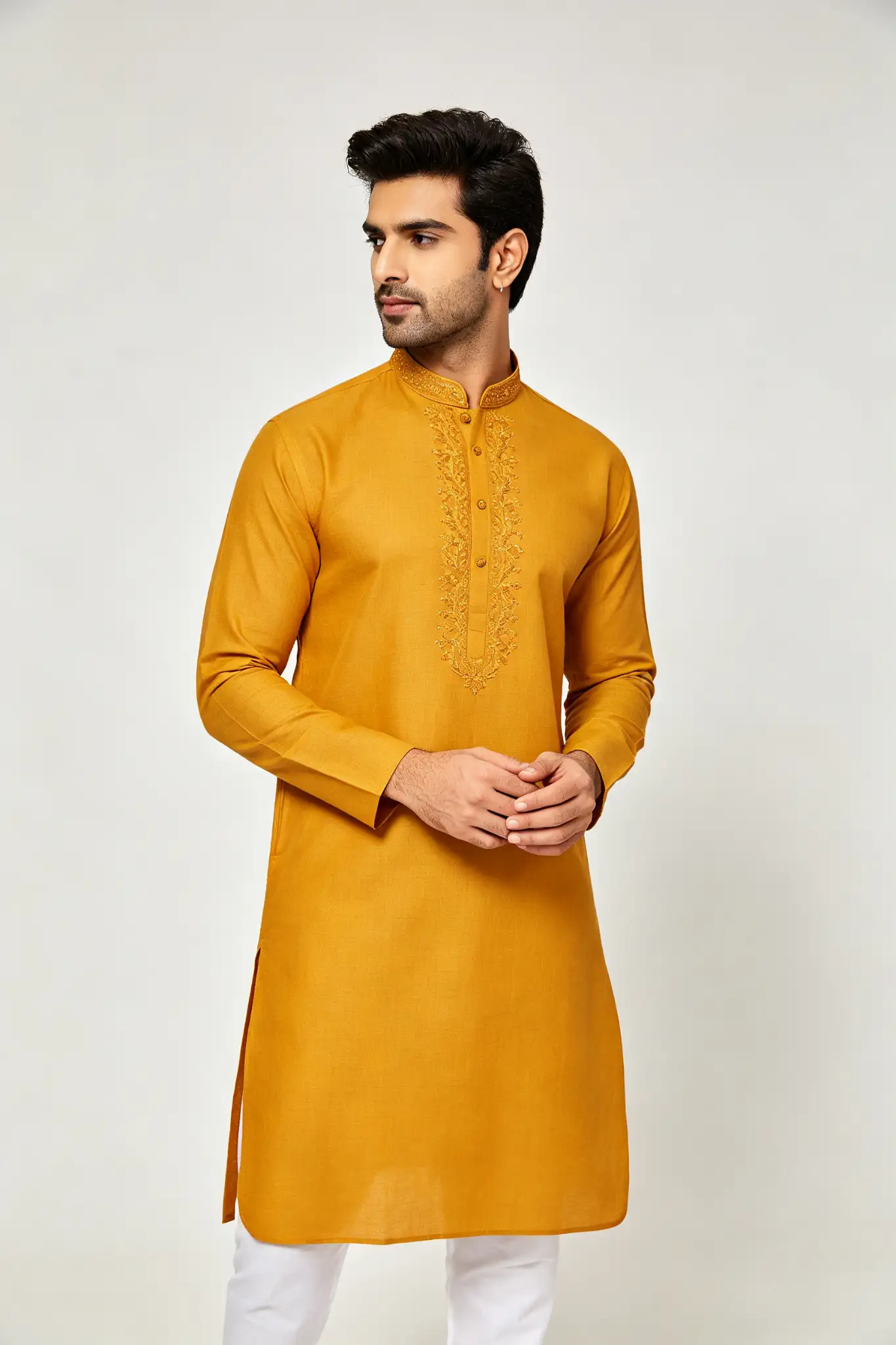 Festive Embroidered Pure Cotton Kurta - Mustard - image 2
