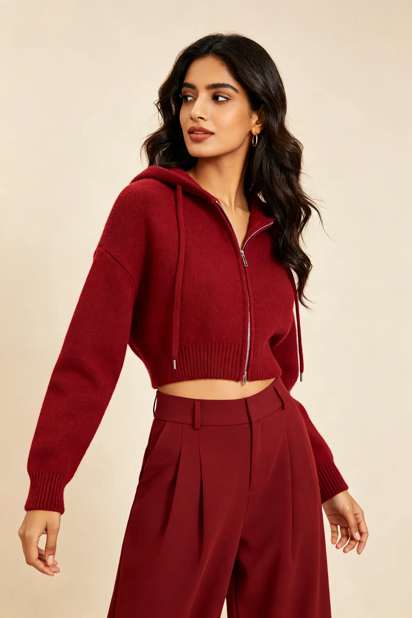 Maroon Cropped Zip Hoodie - image 3