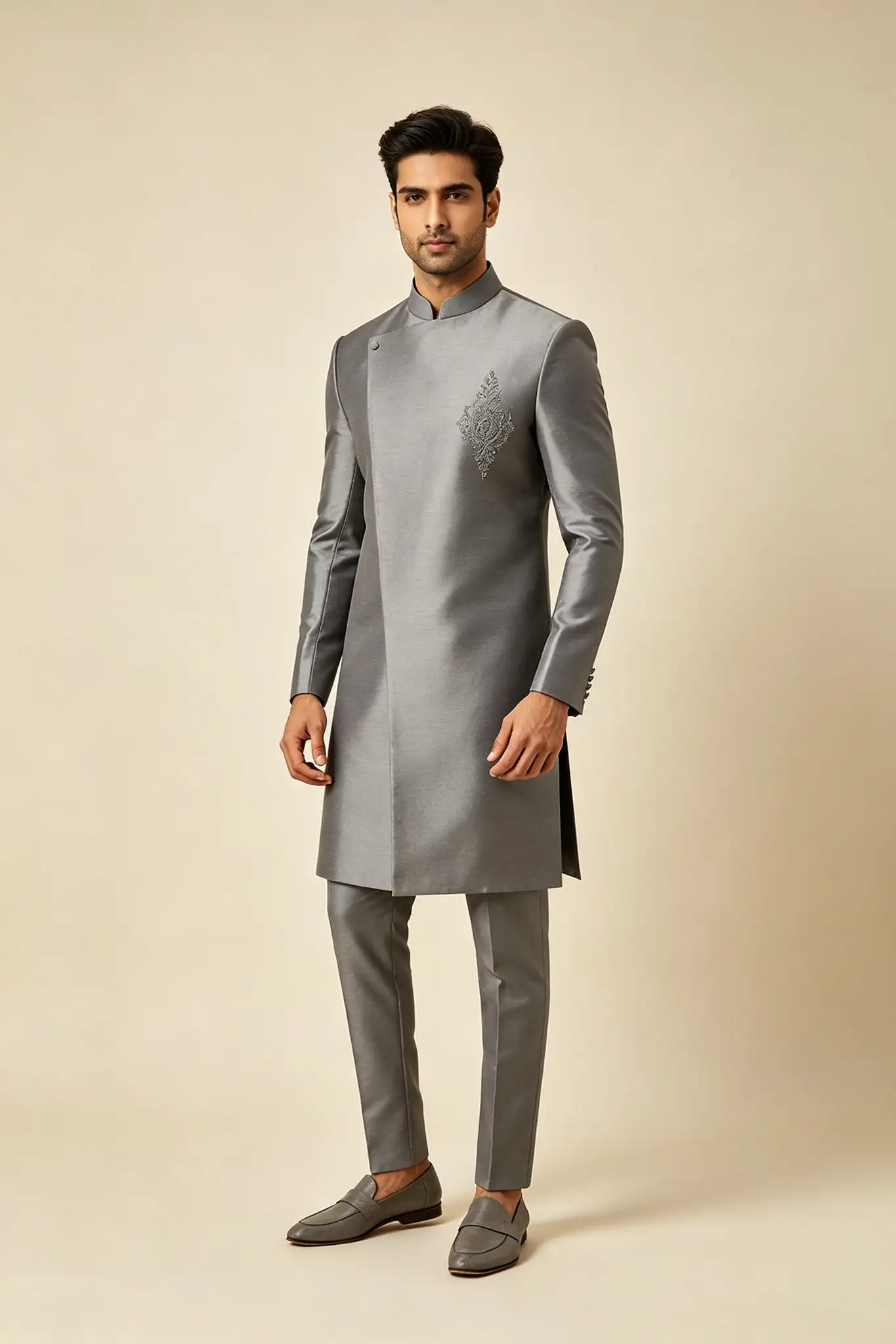 Grey Modern Silk Sherwani - Indo-Western - image 2
