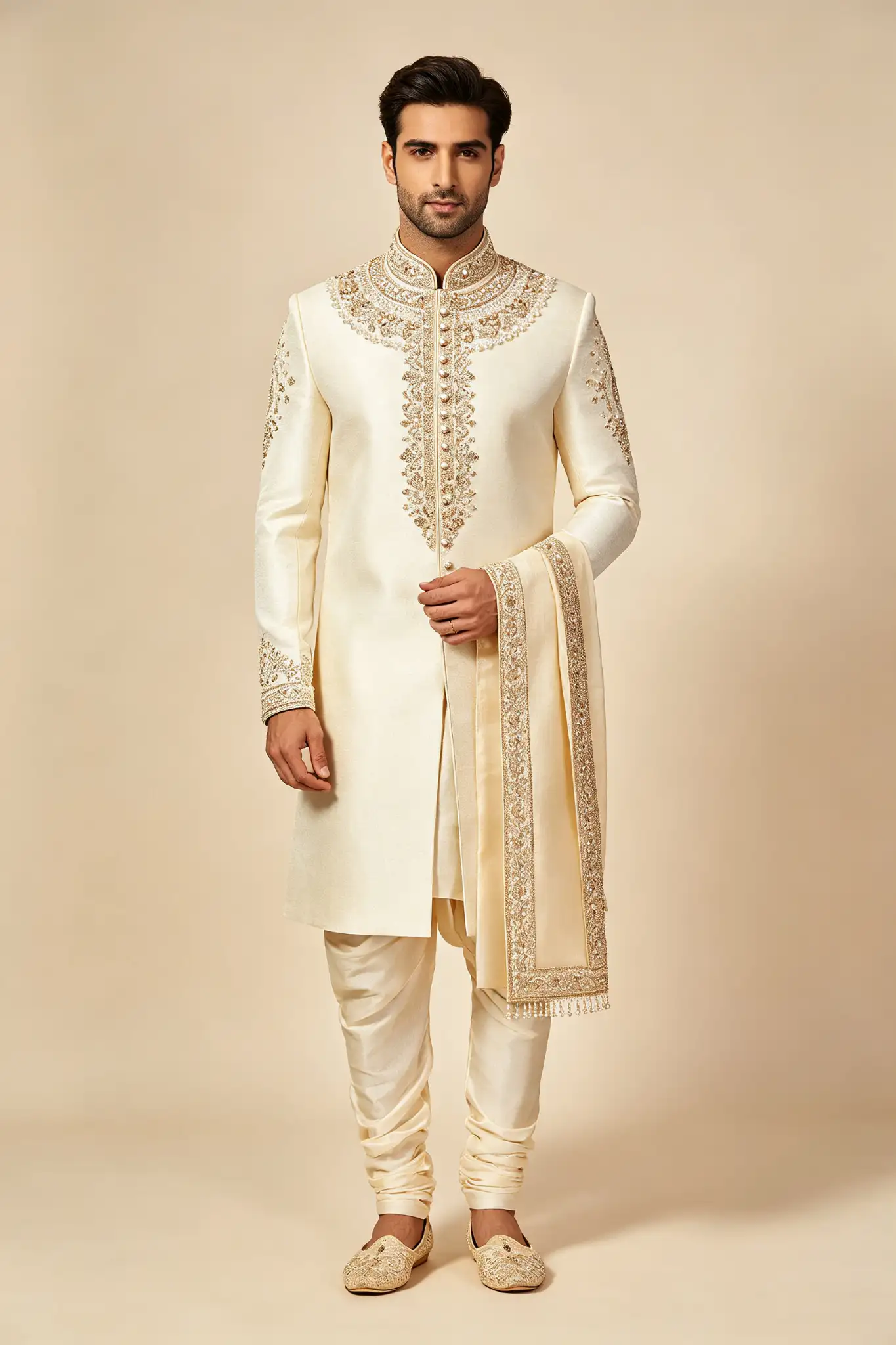 Cream Embroidered Silk Sherwani Set - Wedding - image 2