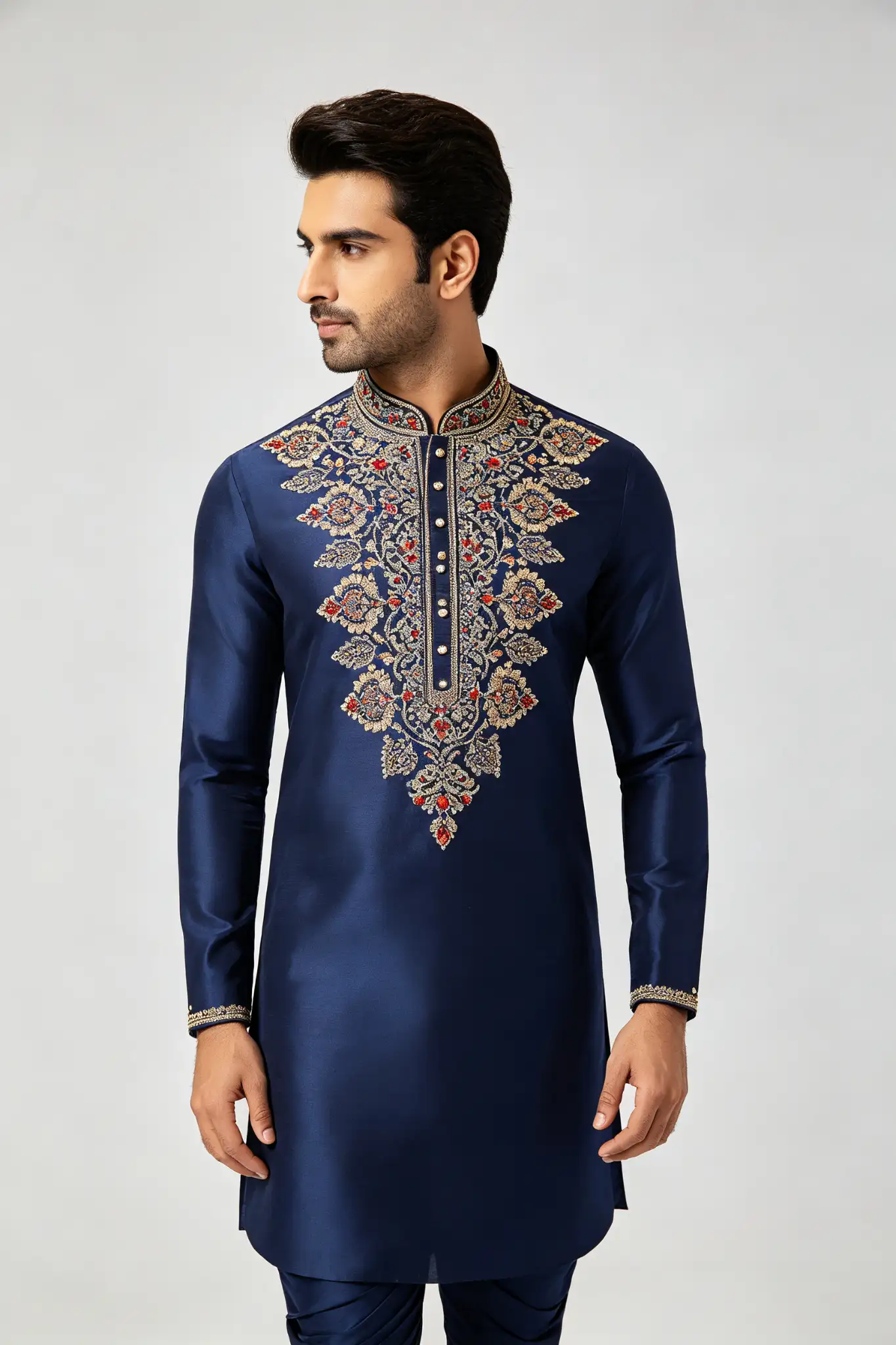 Midnight Blue Heavy Embroidered Wedding Kurta - image 3