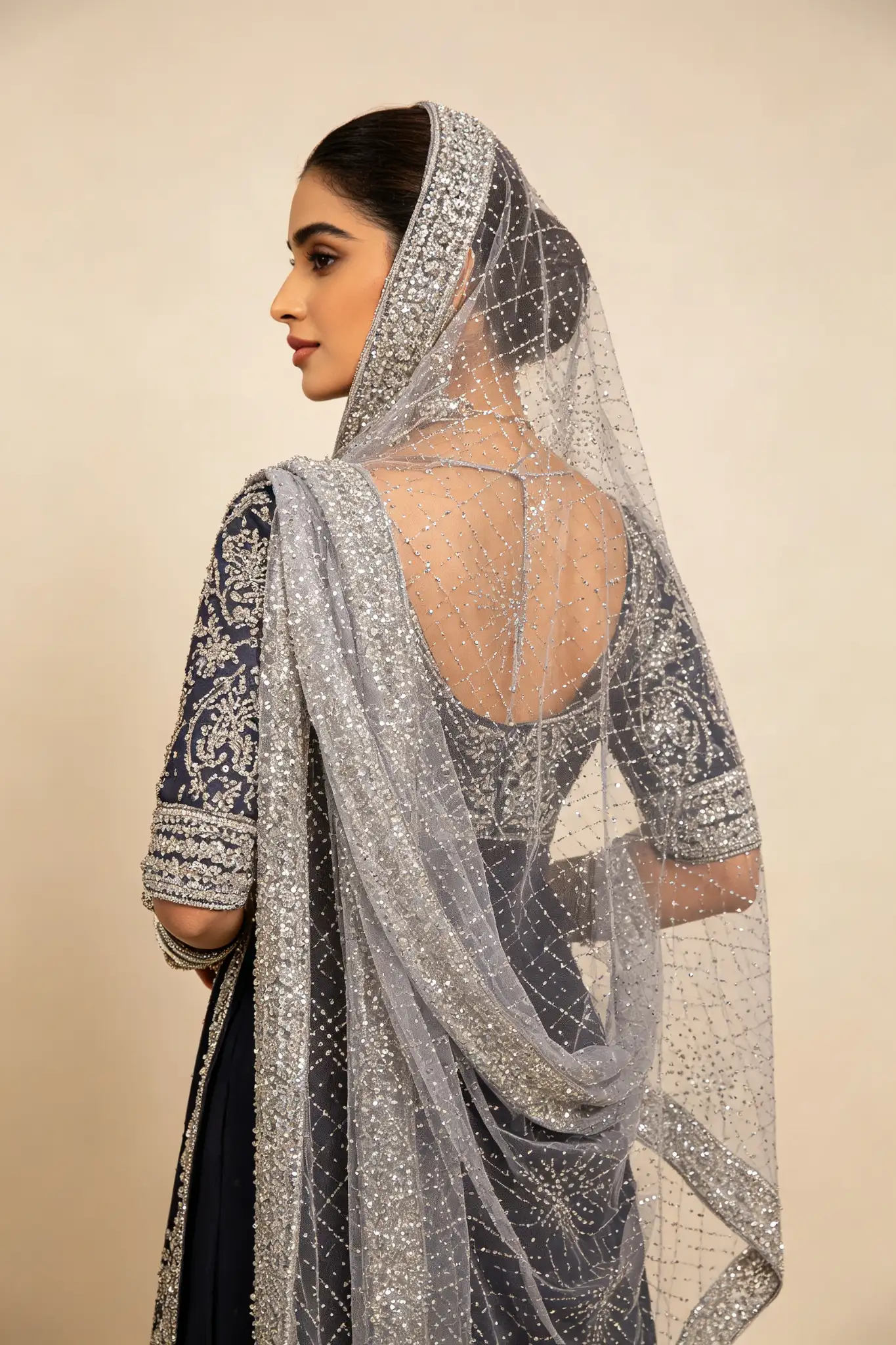 Sequined Net Dupatta - Silver - image 4