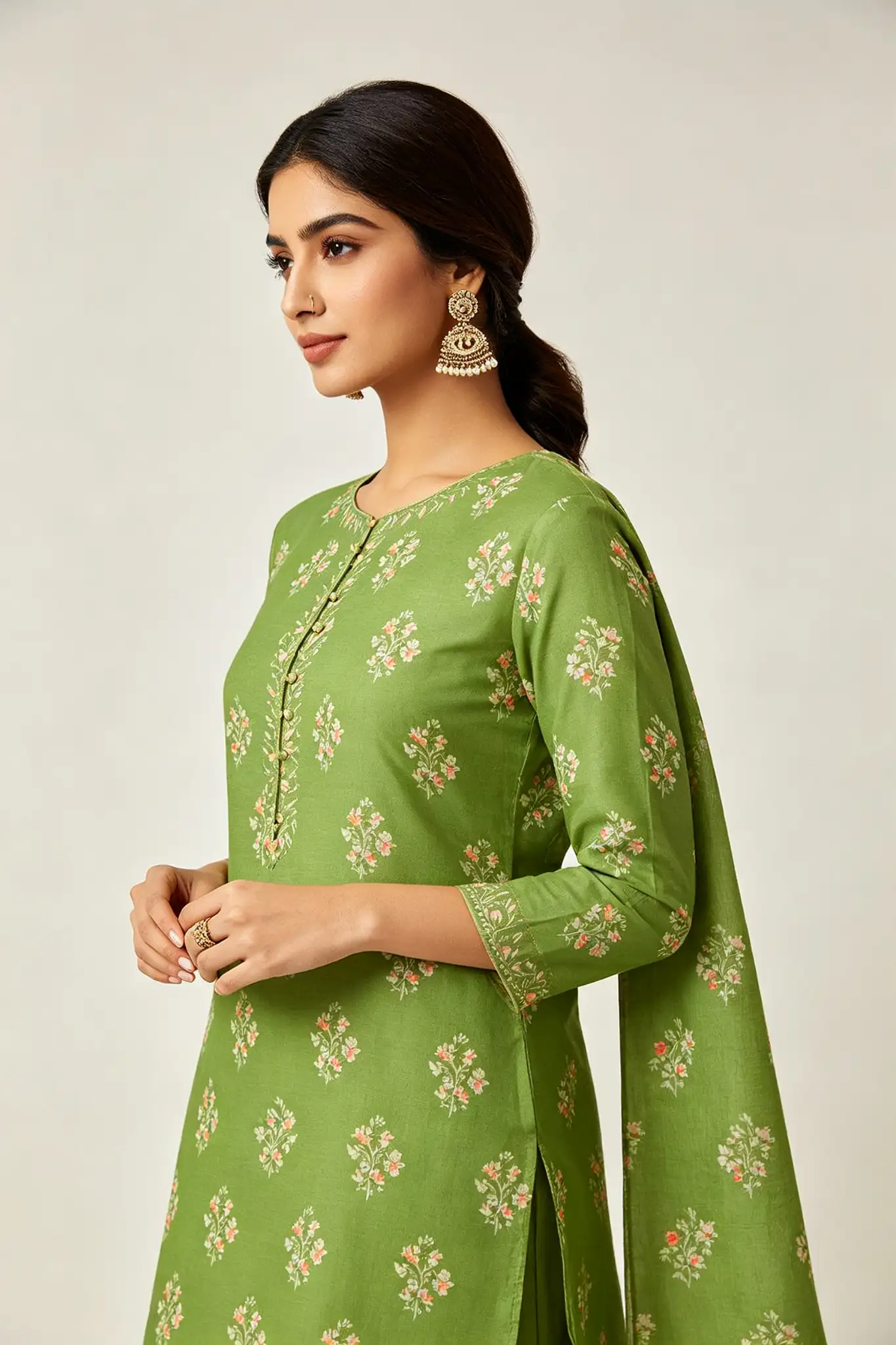 Cotton Straight Cut Suit - Green Print - image 3