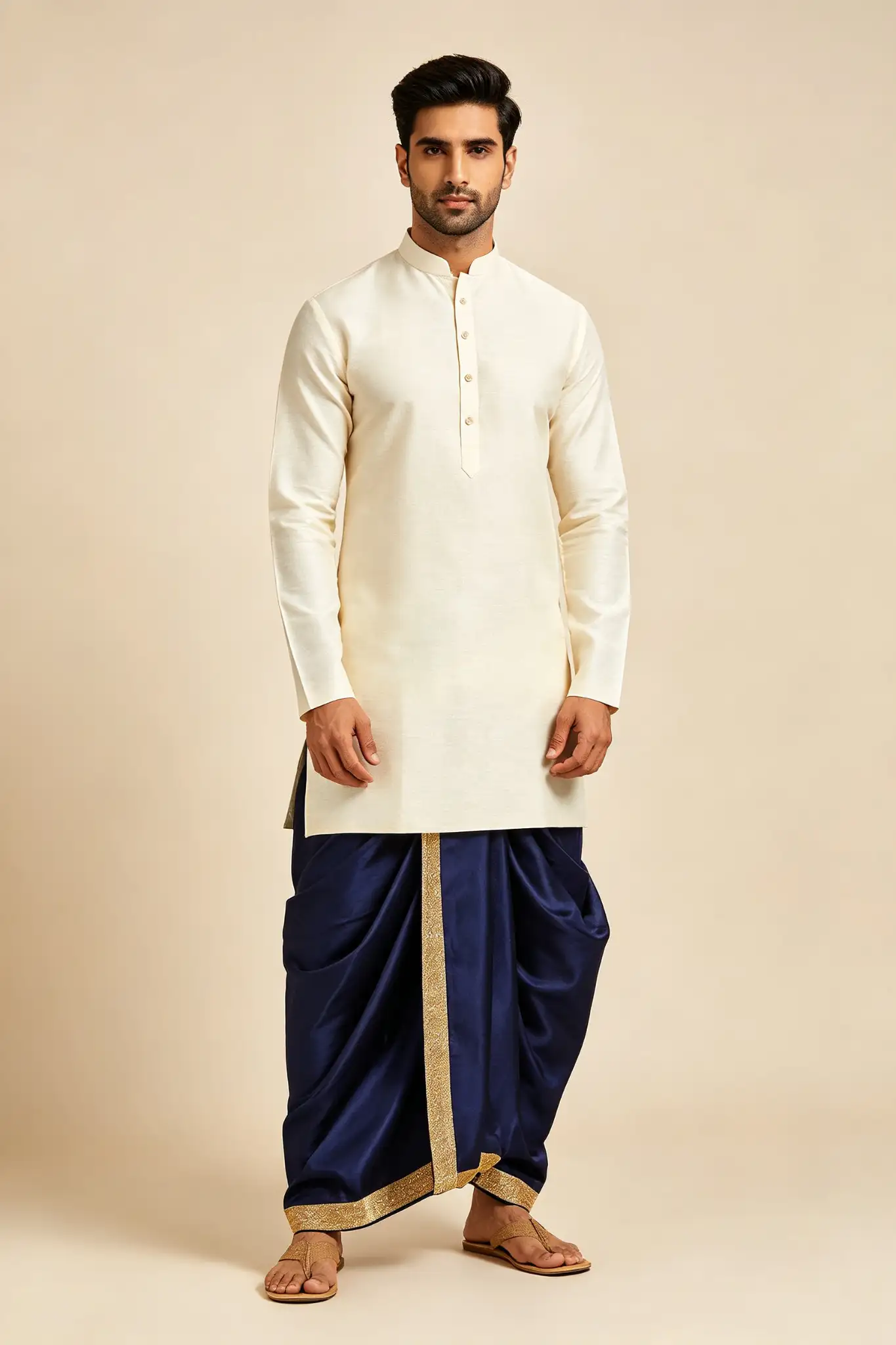 Navy Blue Silk Blend Dhoti with Zari Border - image 2