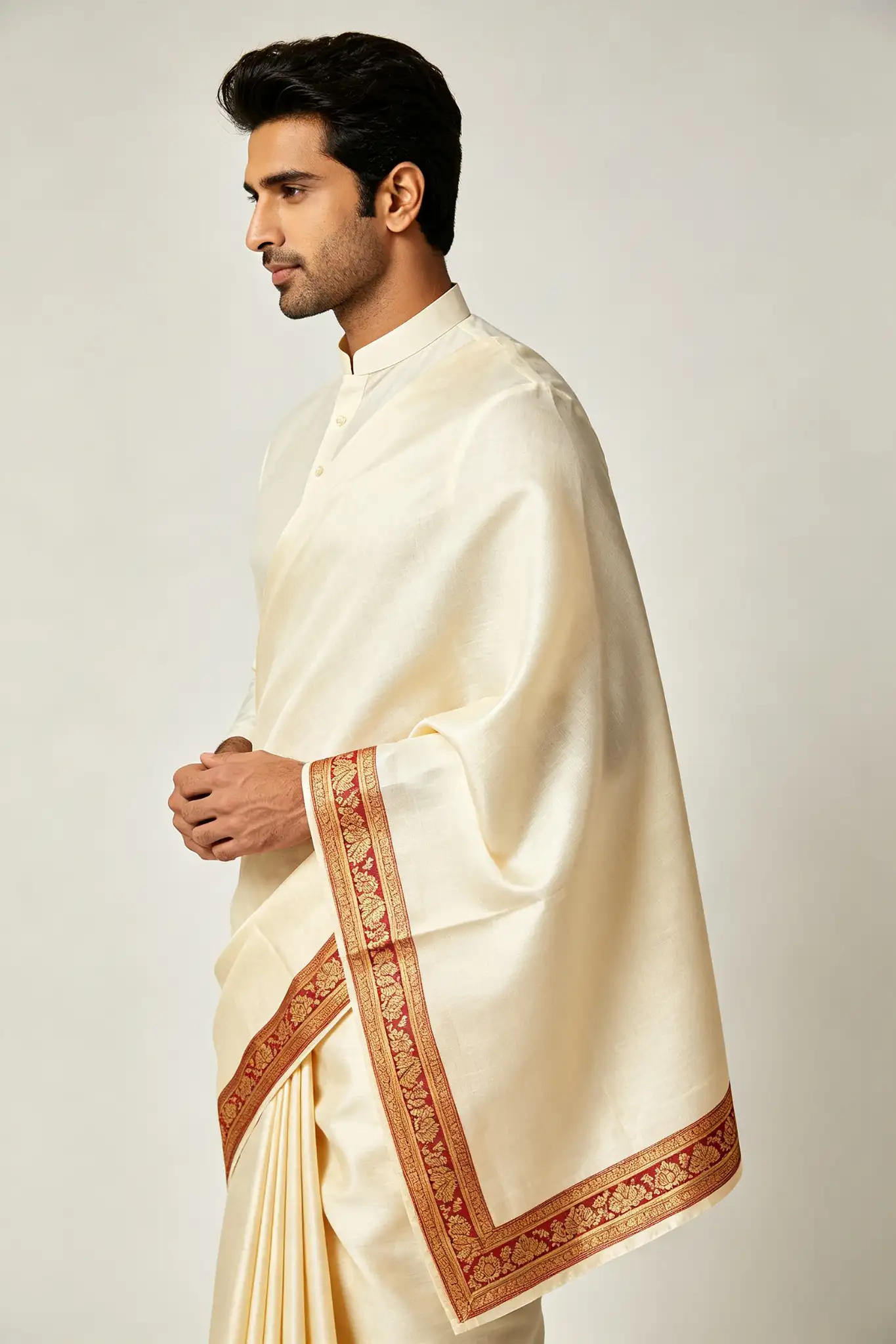 Temple Border Silk Cotton Lungi - Cream - image 3