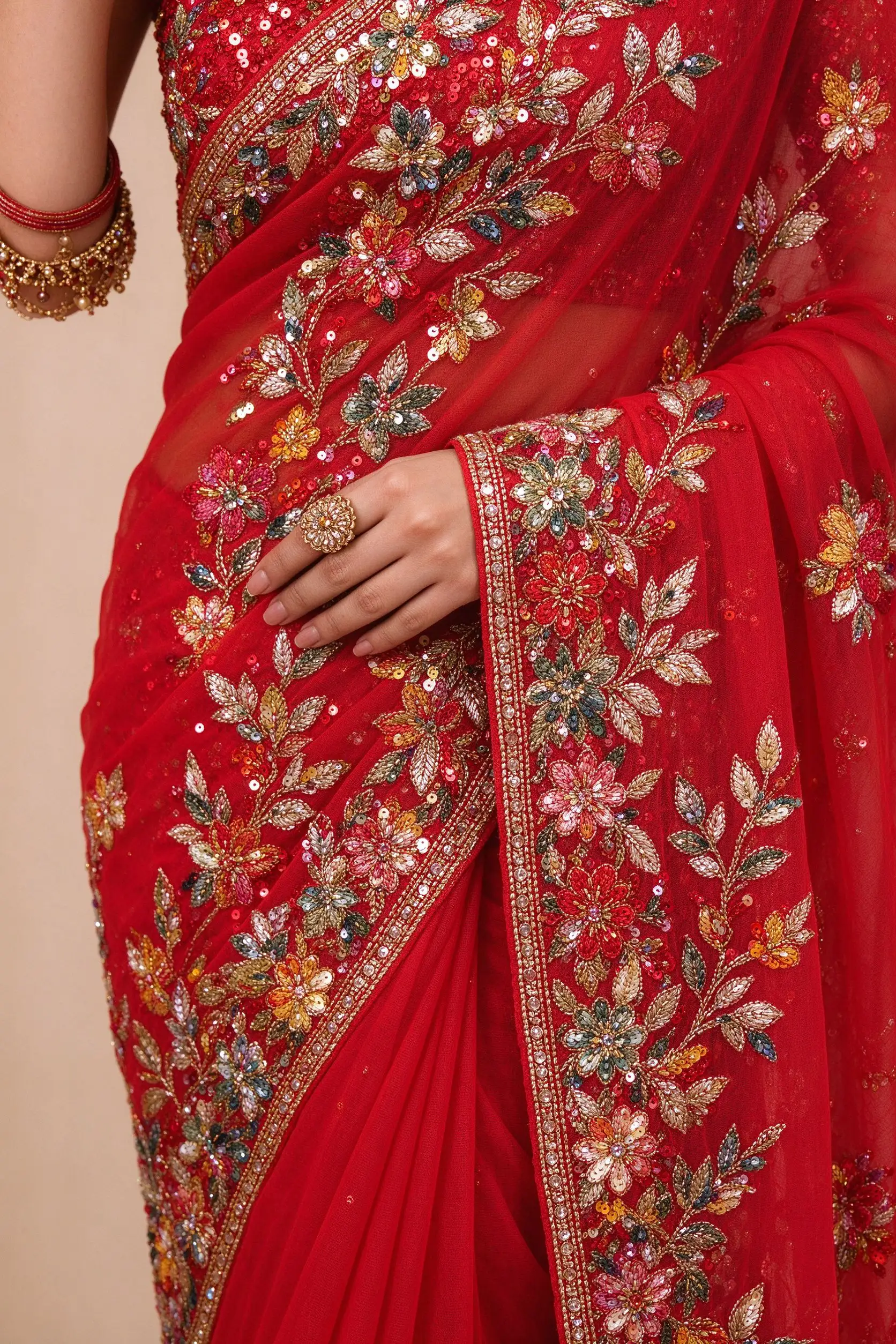 Red Embroidered Georgette Saree - Partywear - image 5