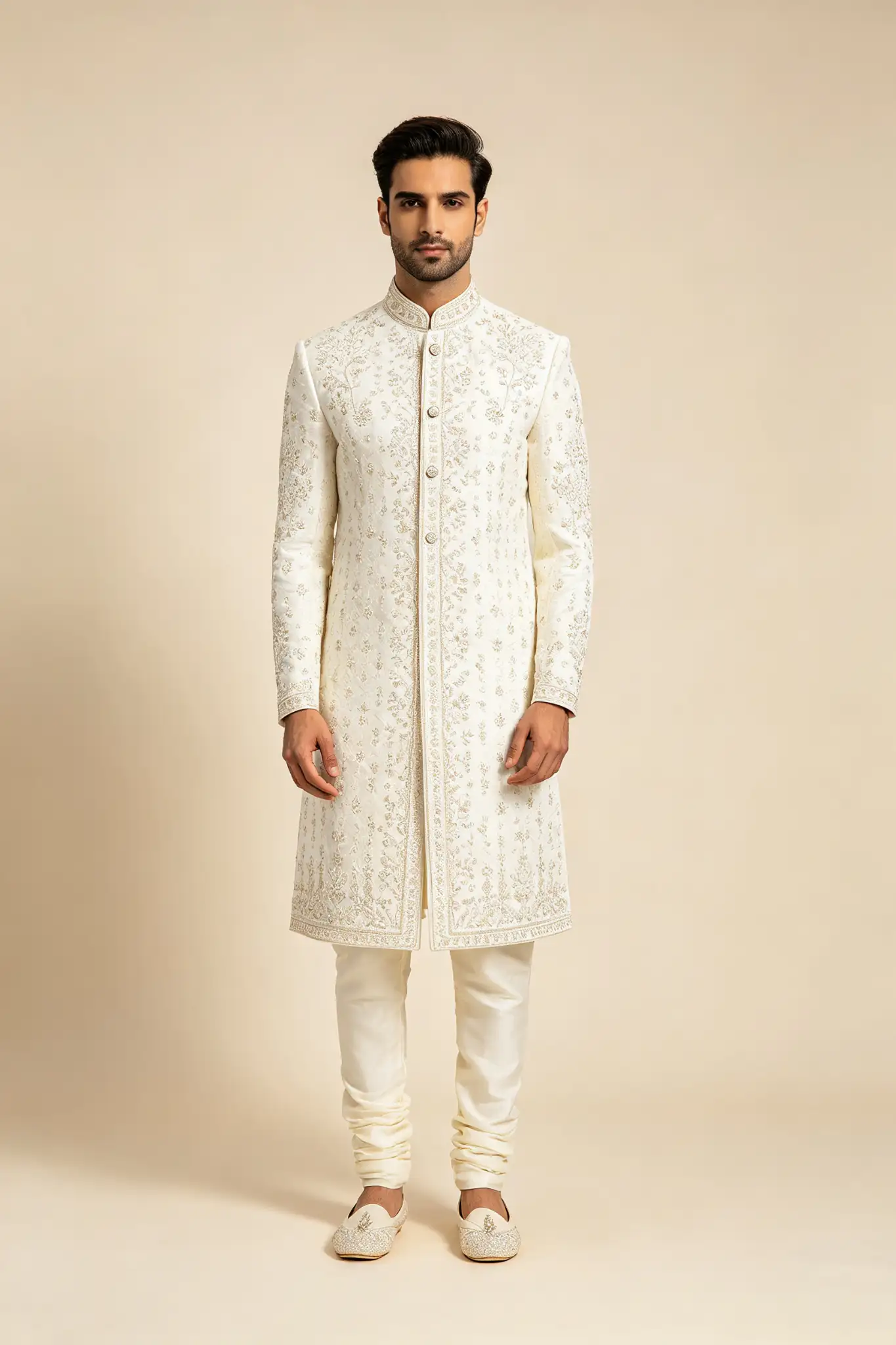 Ivory White Chikankari Sherwani - Reception - image 2