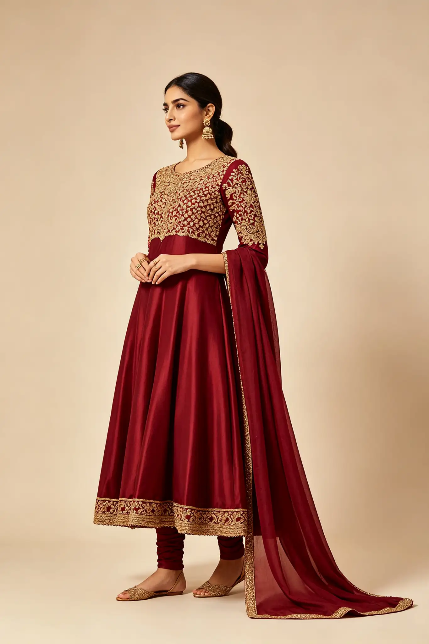 Anarkali Silk Suit - Maroon & Gold - image 3