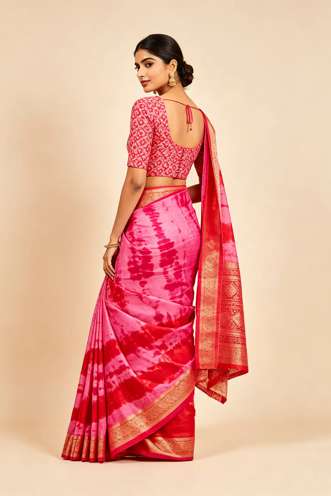 Bandhani Silk Saree - Pink & Red - image 4