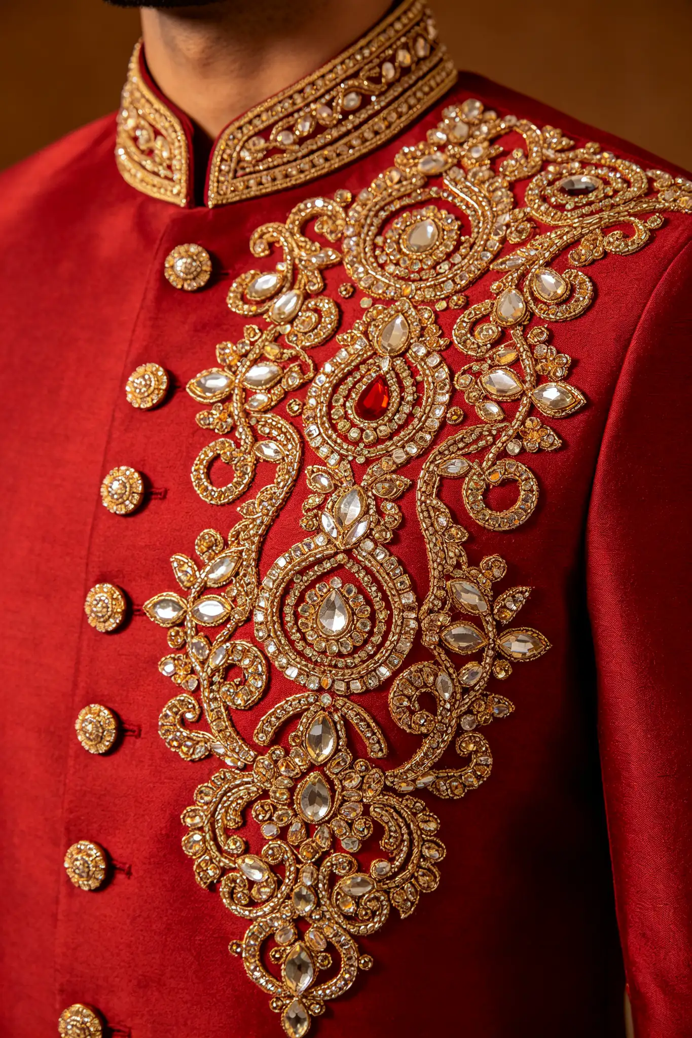 Red Heavy Embroidered Groom Sherwani - image 6