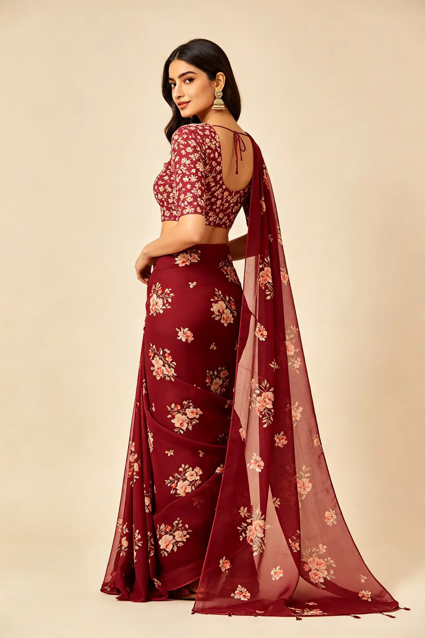 Georgette Printed Saree - Maroon - image 4