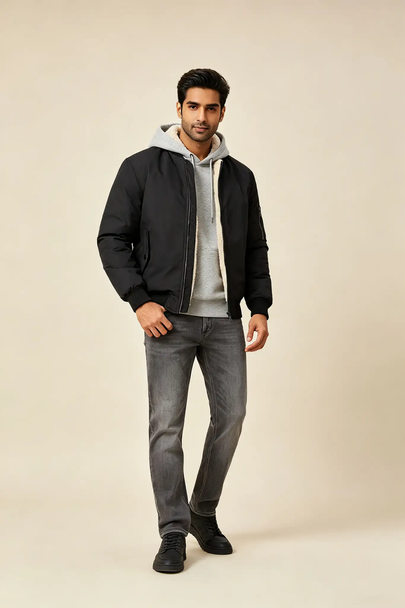 Black Bomber Jacket with Fleece Lining - image 2