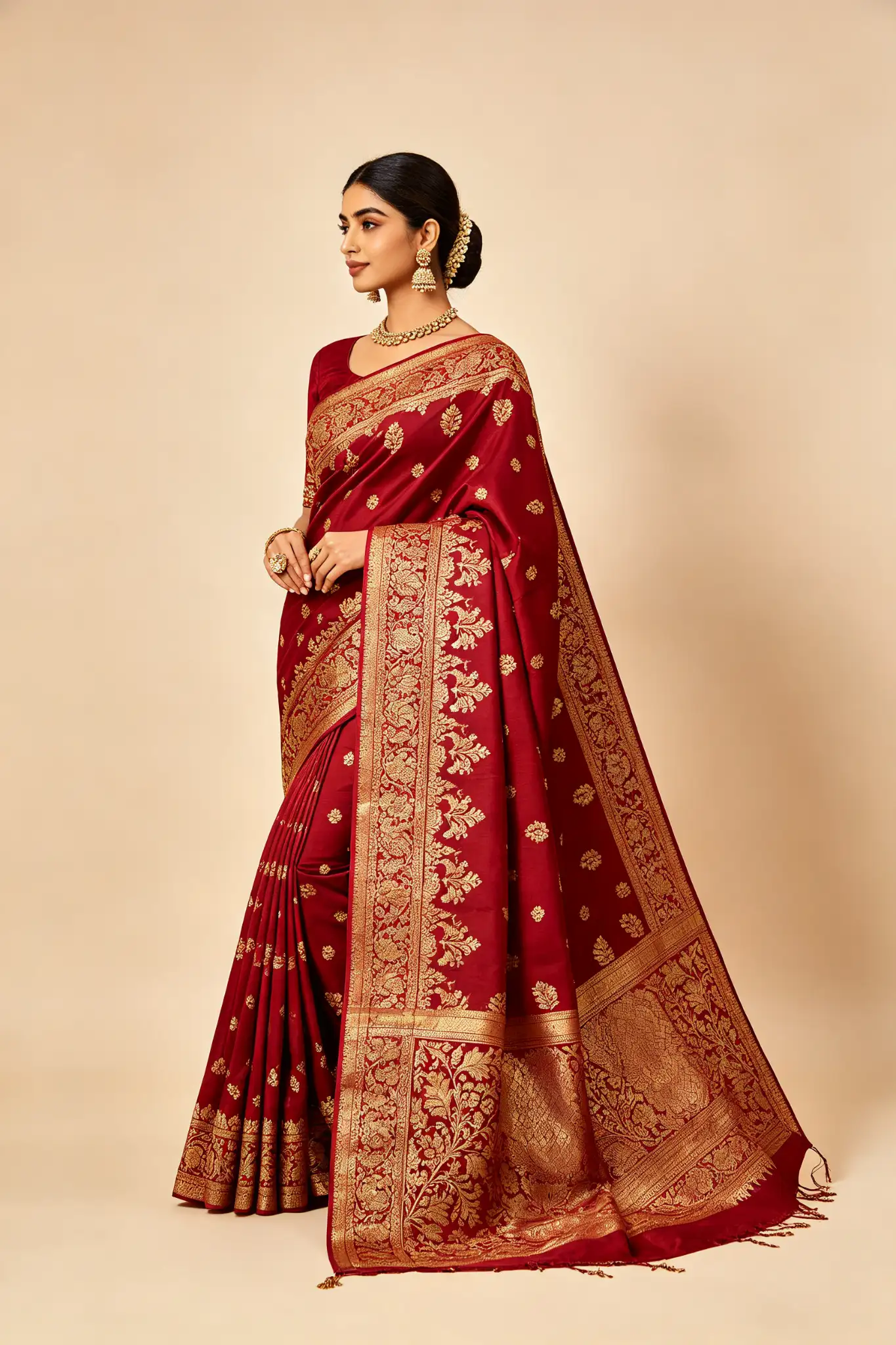 Banarasi Silk Saree - Gold & Red - image 3