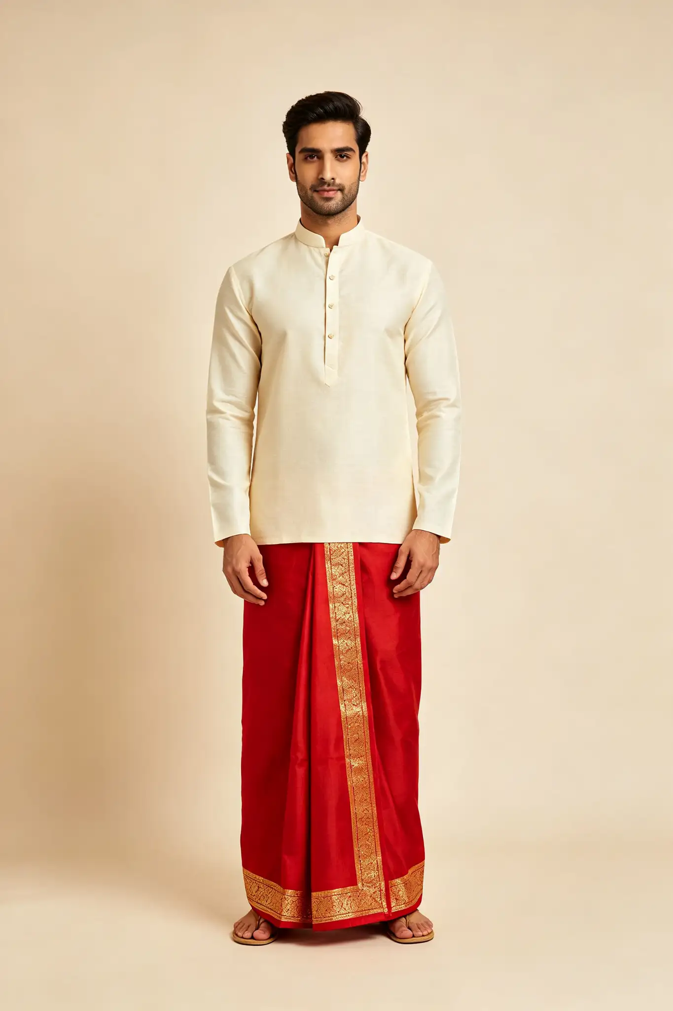 Red & Gold Zari Border Lungi - Festive - image 2
