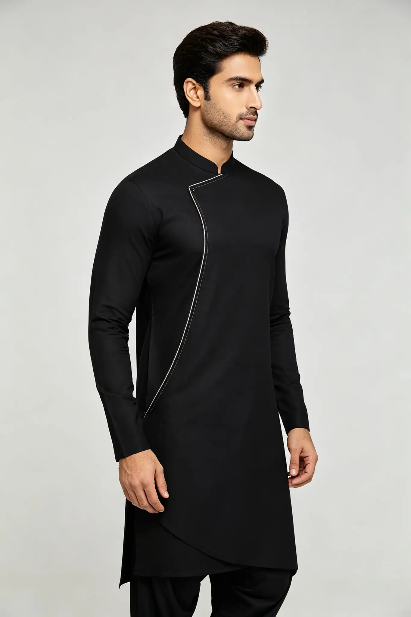 Black Pathani Style Cotton Kurta - Slim Fit - image 2
