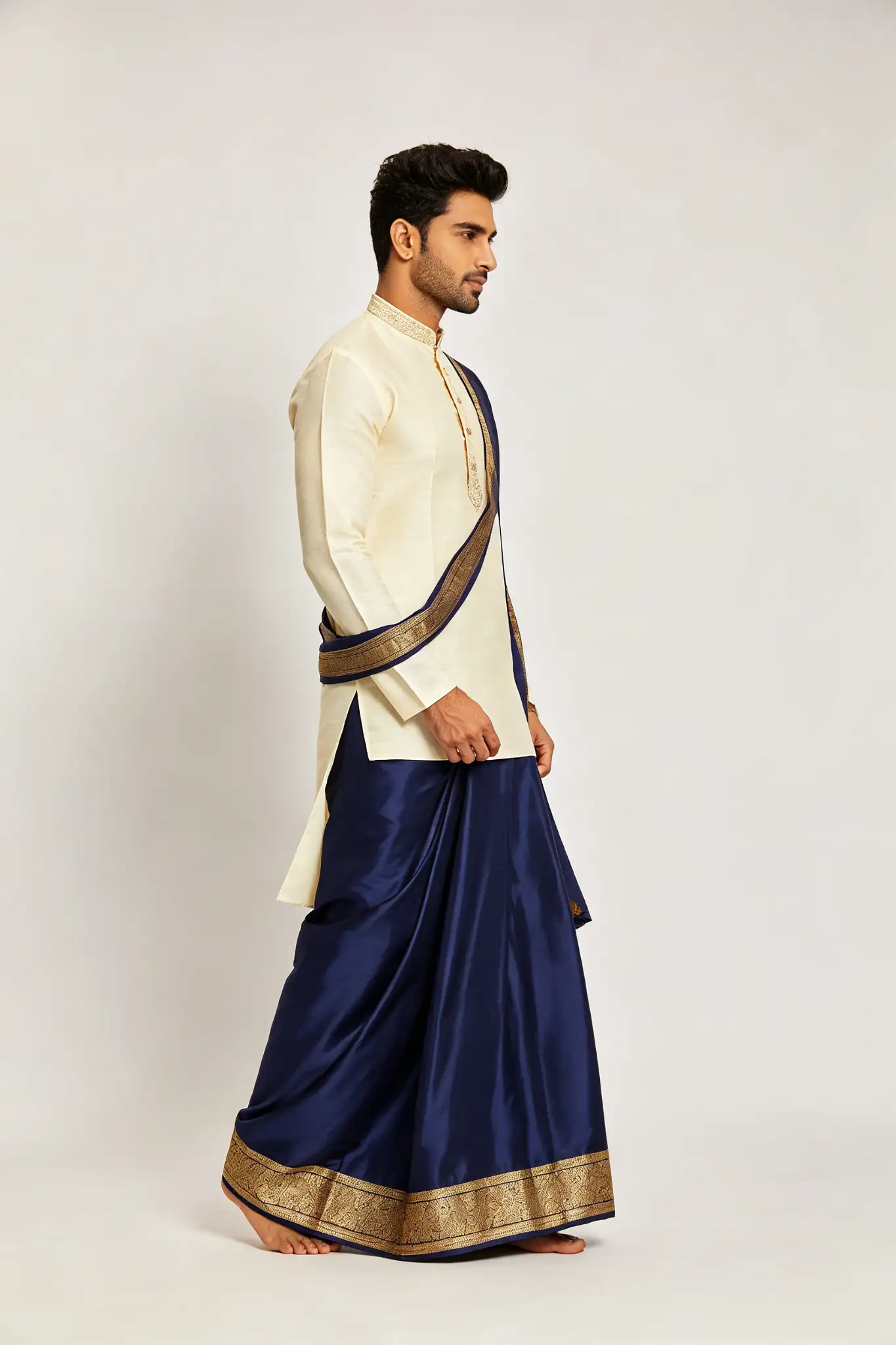 Navy Blue Silk Blend Dhoti with Zari Border - image 3