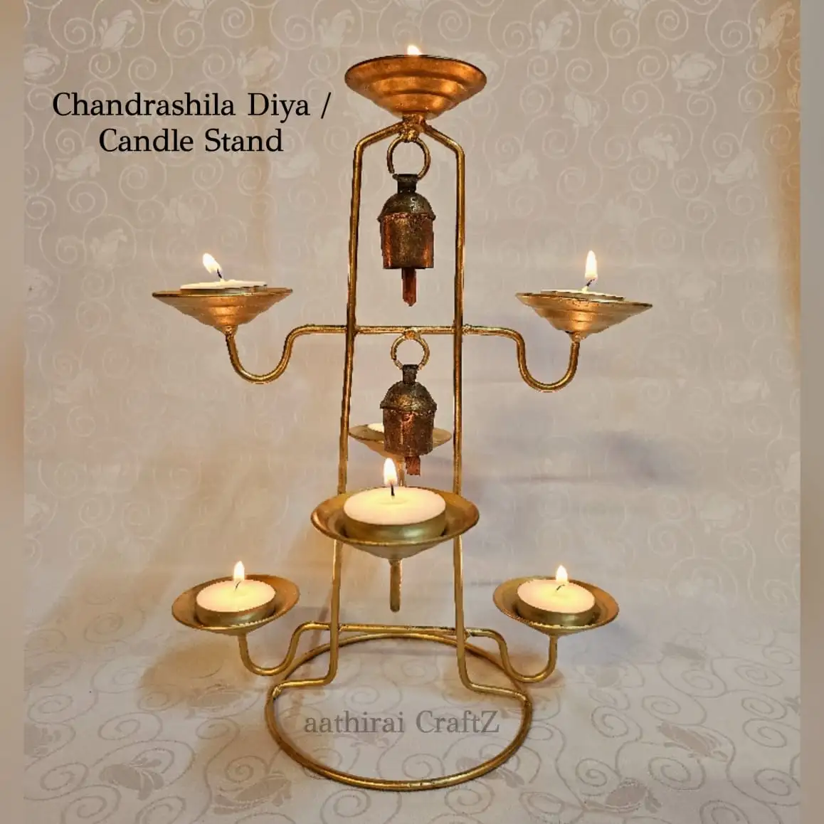 Chandrashila Candle Holder with 2 Bells Modern Candle Stand for Home Deco - image 3
