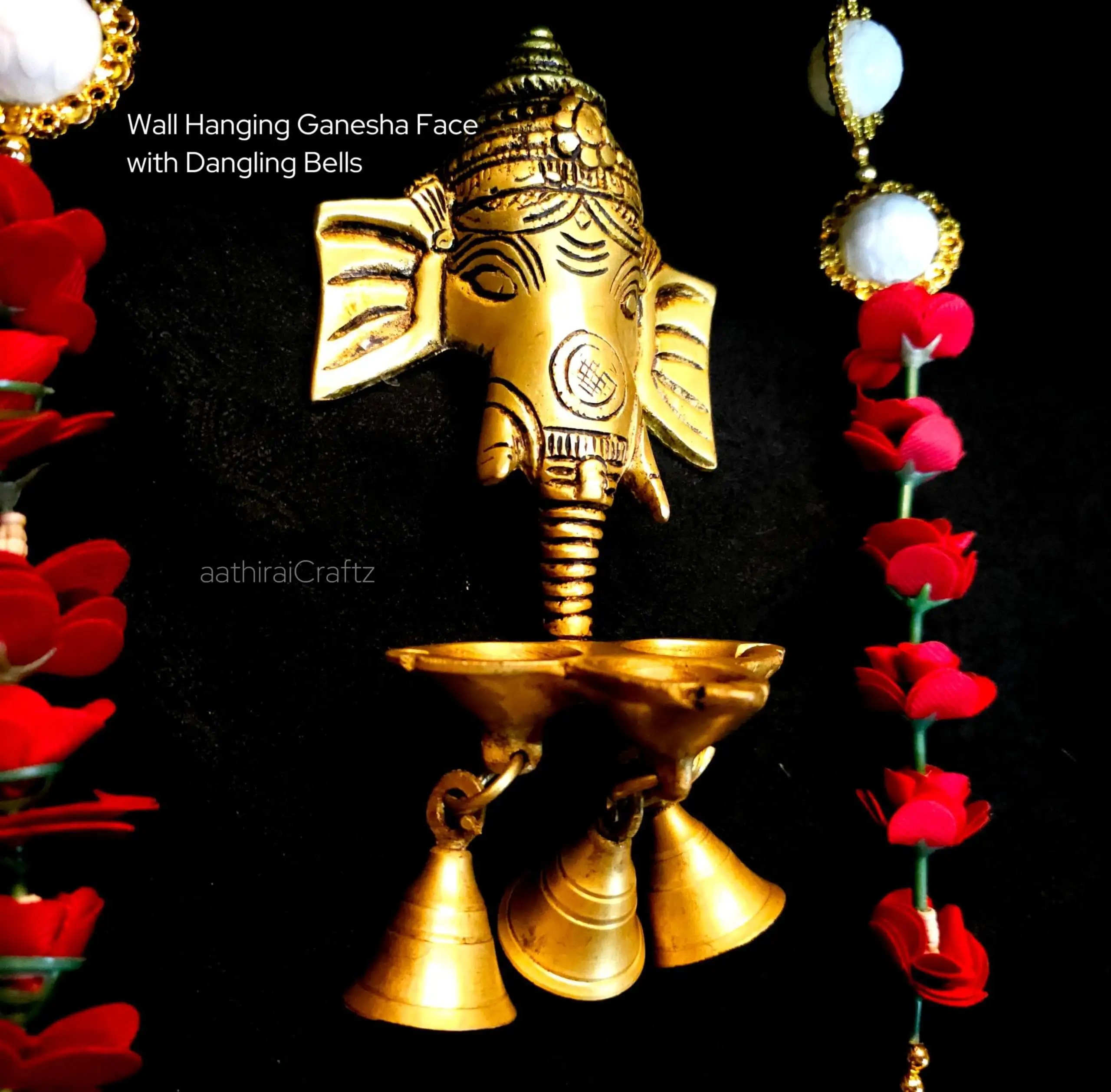 Wall Hanging Ganesha Face with Dangling Bells Brass - image 3