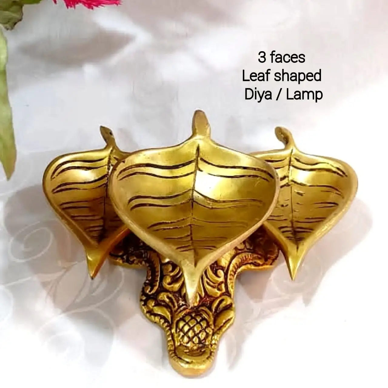 3 Faces Leaf shaped Diya / Lamp Brass Antique Finish - image 3