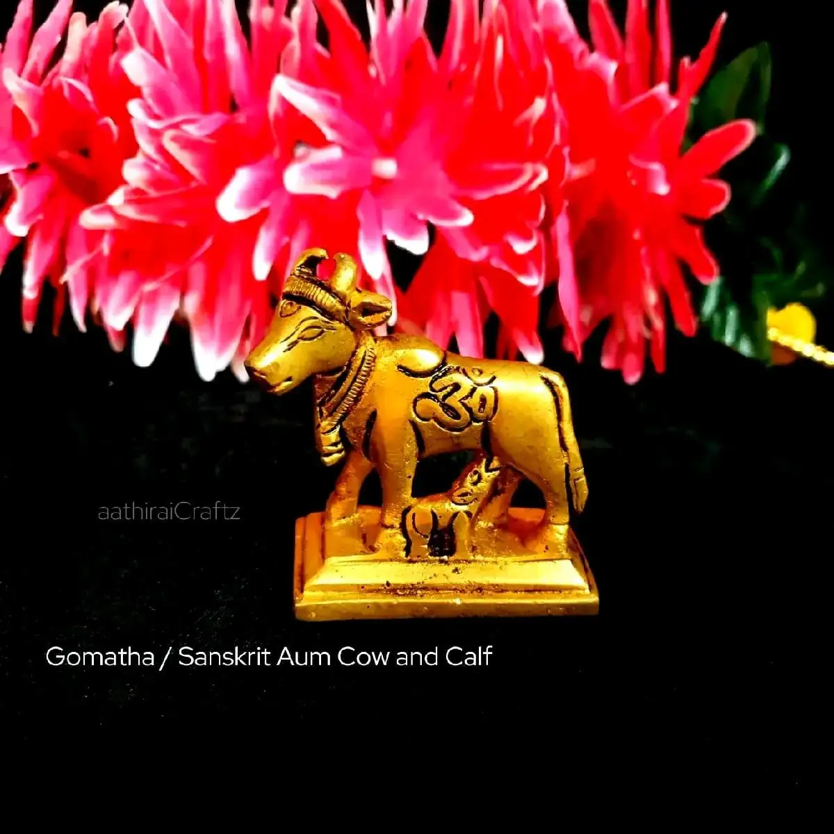 Gomatha / Sanskrit Aum Cow and Calf Brass Sculpture - image 3