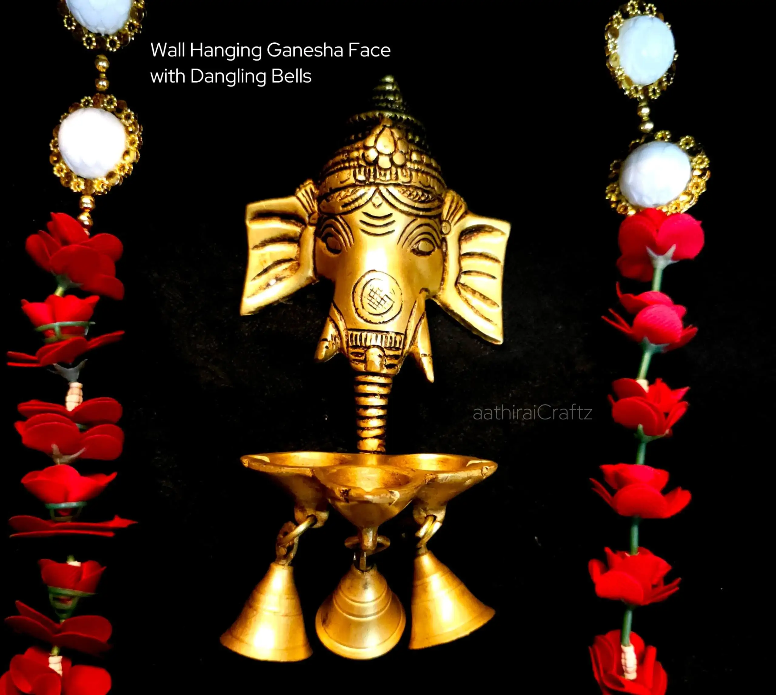 Wall Hanging Ganesha Face with Dangling Bells Brass