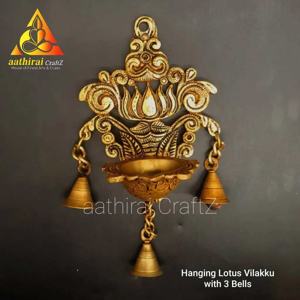 Hanging Lotus Vilakku With 3 Bells - image 3
