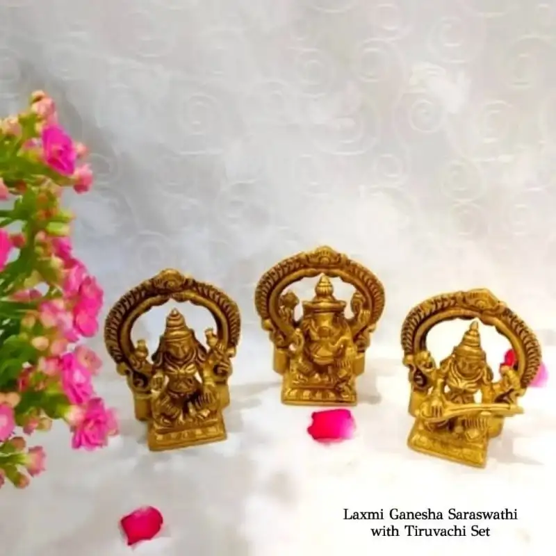 Laxmi Ganesha Saraswati with Thiruvaachi - Set 3 in 1 Brass Antique Finish - image 3