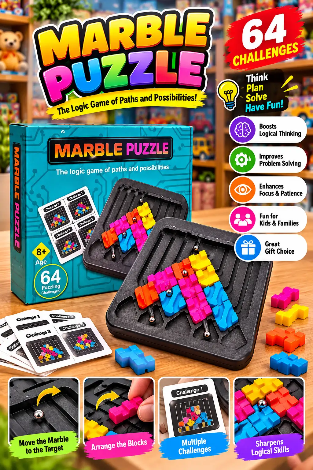 Marble Puzzle Logic Game - 64 Challenges