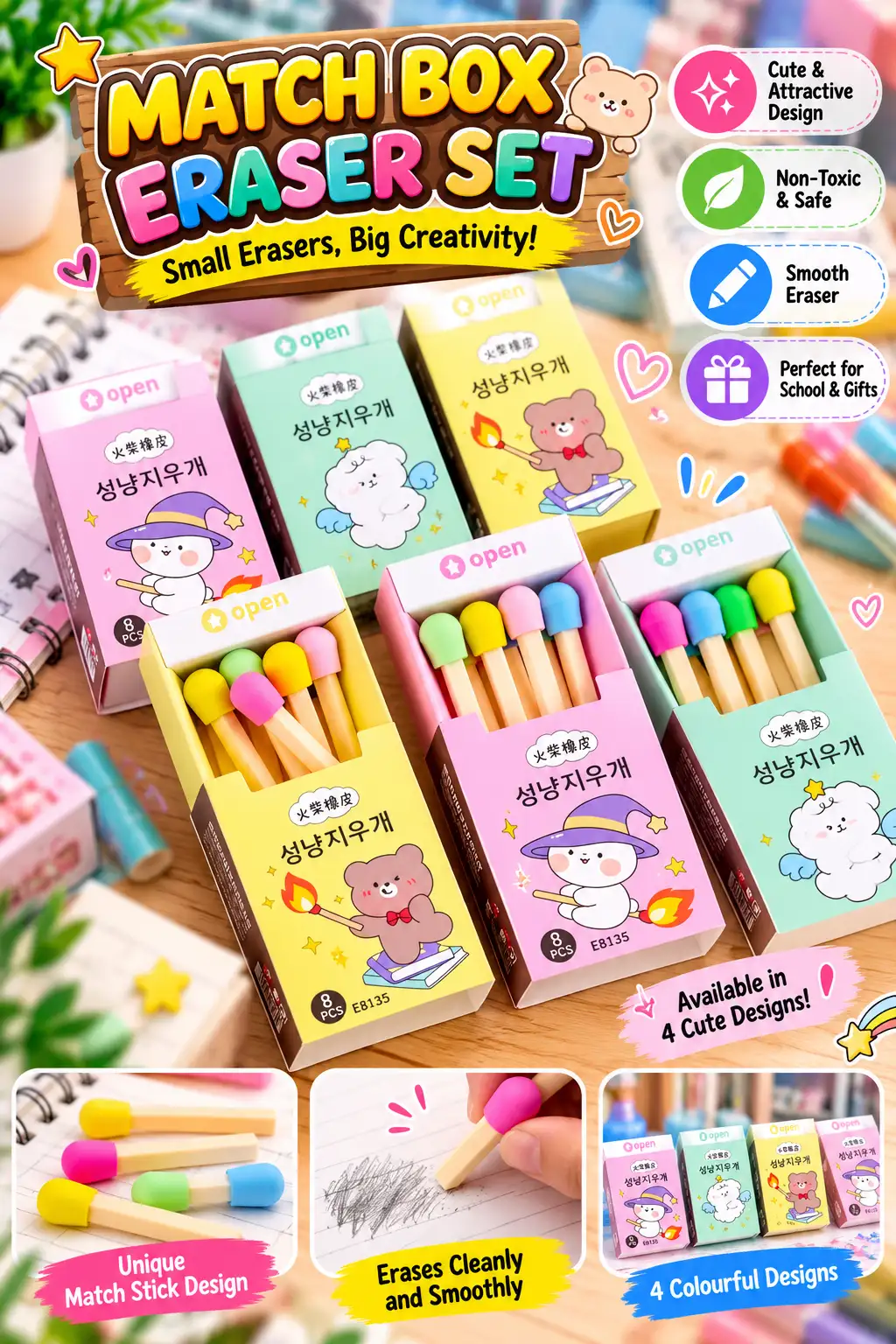 Match Box Eraser Set - 8 Pcs Assorted Design